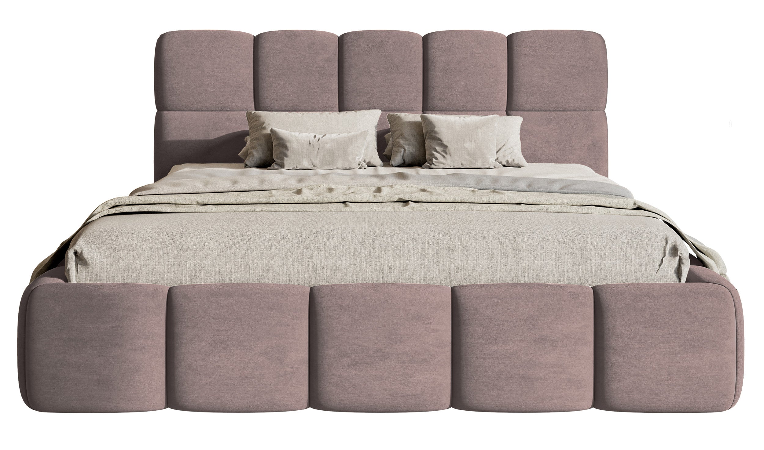 Gepolstertes Bett 120x200 cm Cloudy mit Stauraum, Metallrahmen, hellrosa Velours, wasserabweisend und leicht zu reinigen