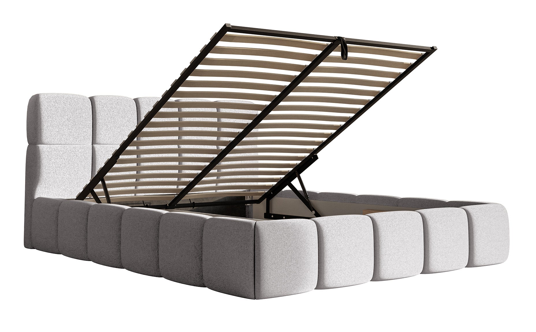 Gepolstertes Bett 120x200 cm Cloudy mit Stauraum, Metallrahmen, hellgrauer hydrophober Chenille