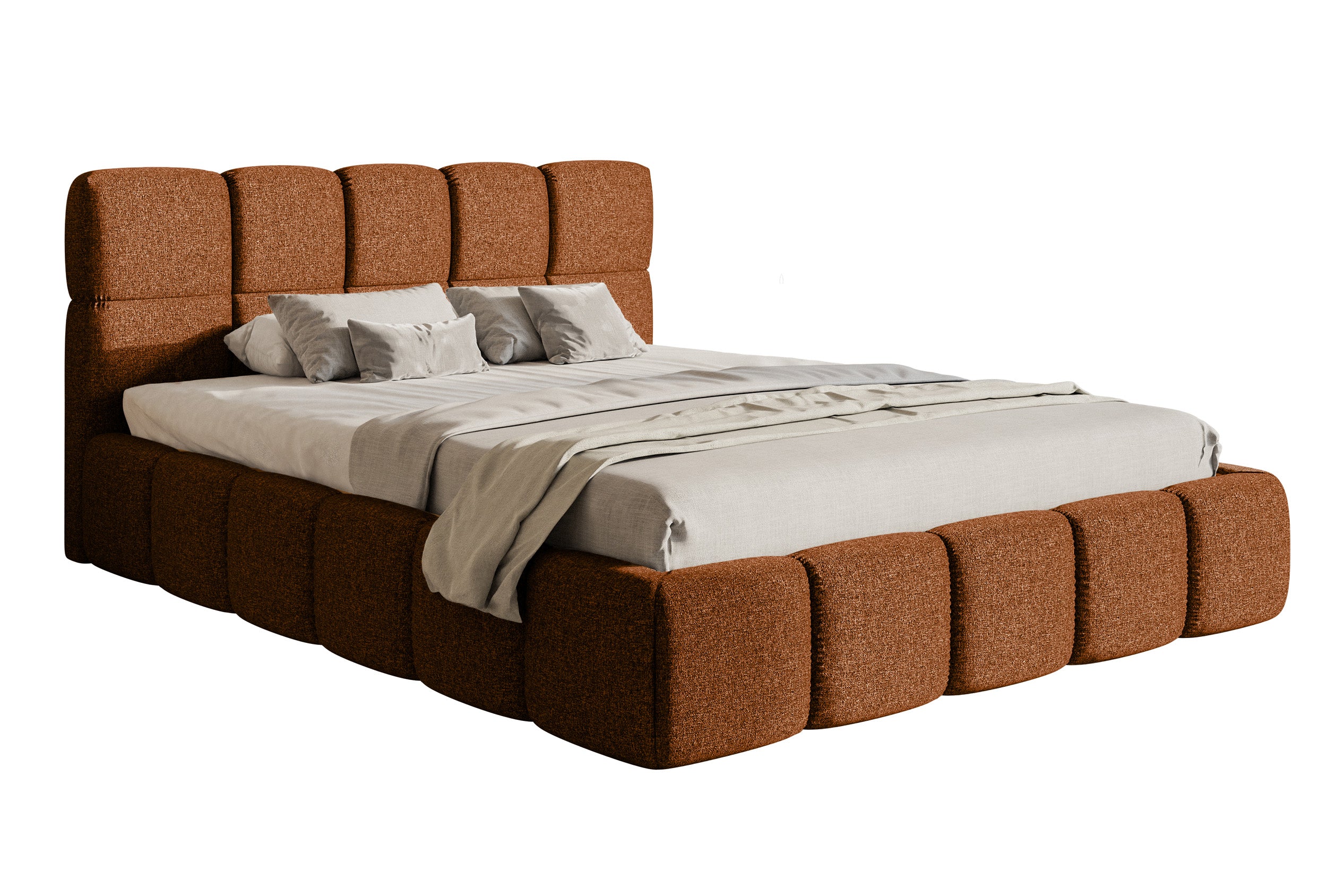 Gepolstertes Bett 120x200 cm Cloudy mit Stauraum, Metallrahmen, kupferfarbenes Chenille, hydrophob