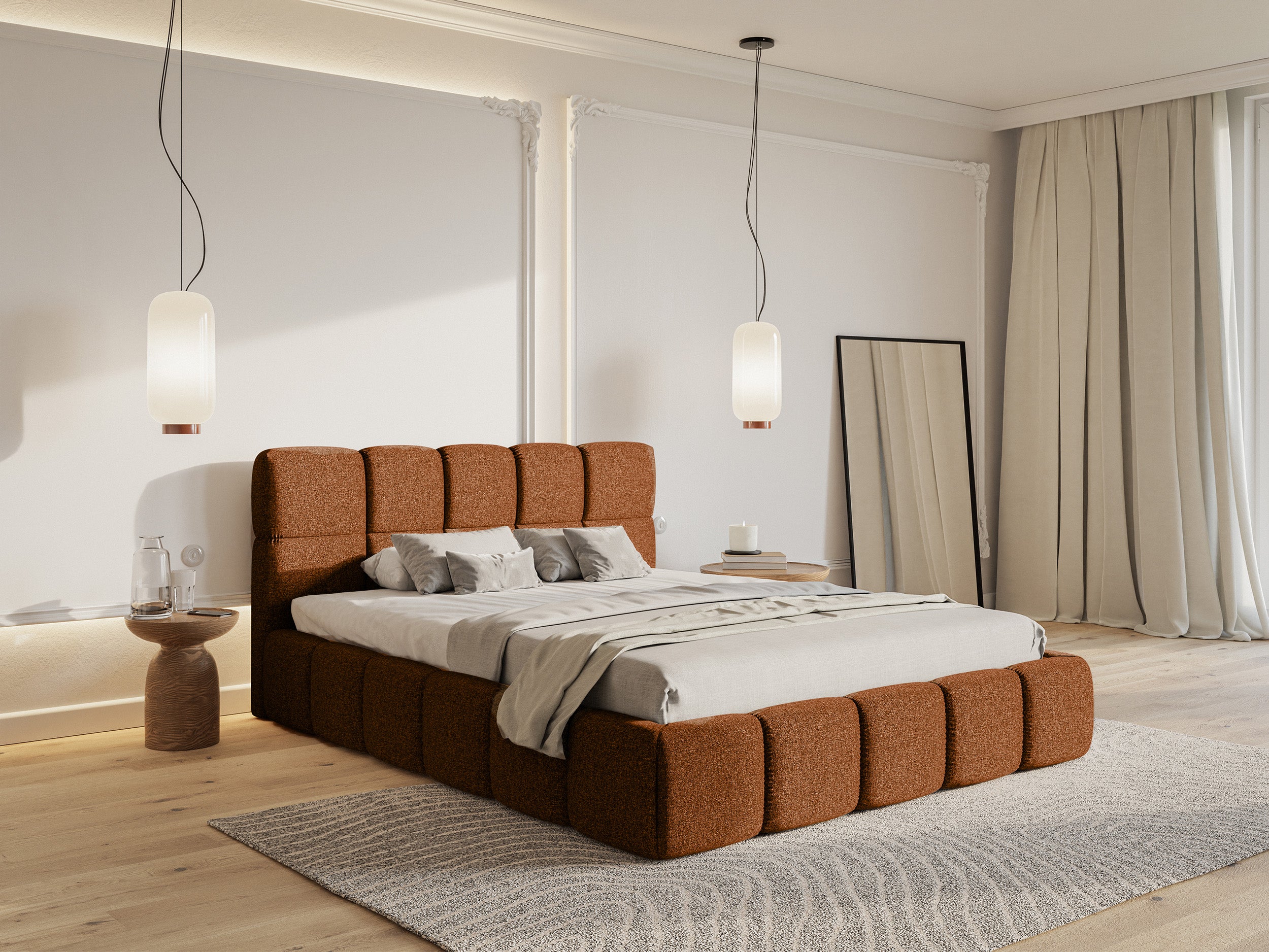 Gepolstertes Bett 120x200 cm Cloudy mit Stauraum, Metallrahmen, kupferfarbenes Chenille, hydrophob