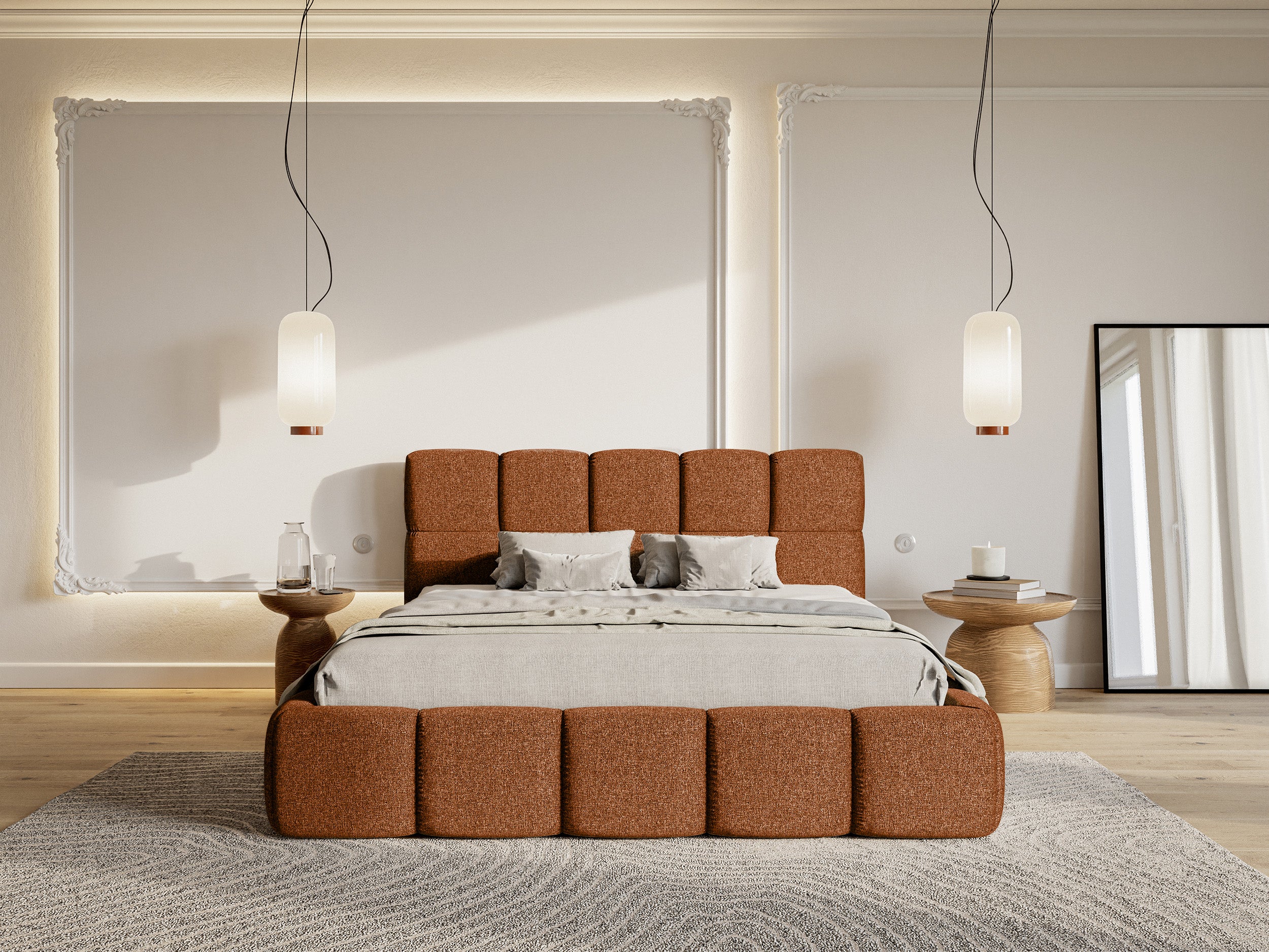Gepolstertes Bett 120x200 cm Cloudy mit Stauraum, Metallrahmen, kupferfarbenes Chenille, hydrophob