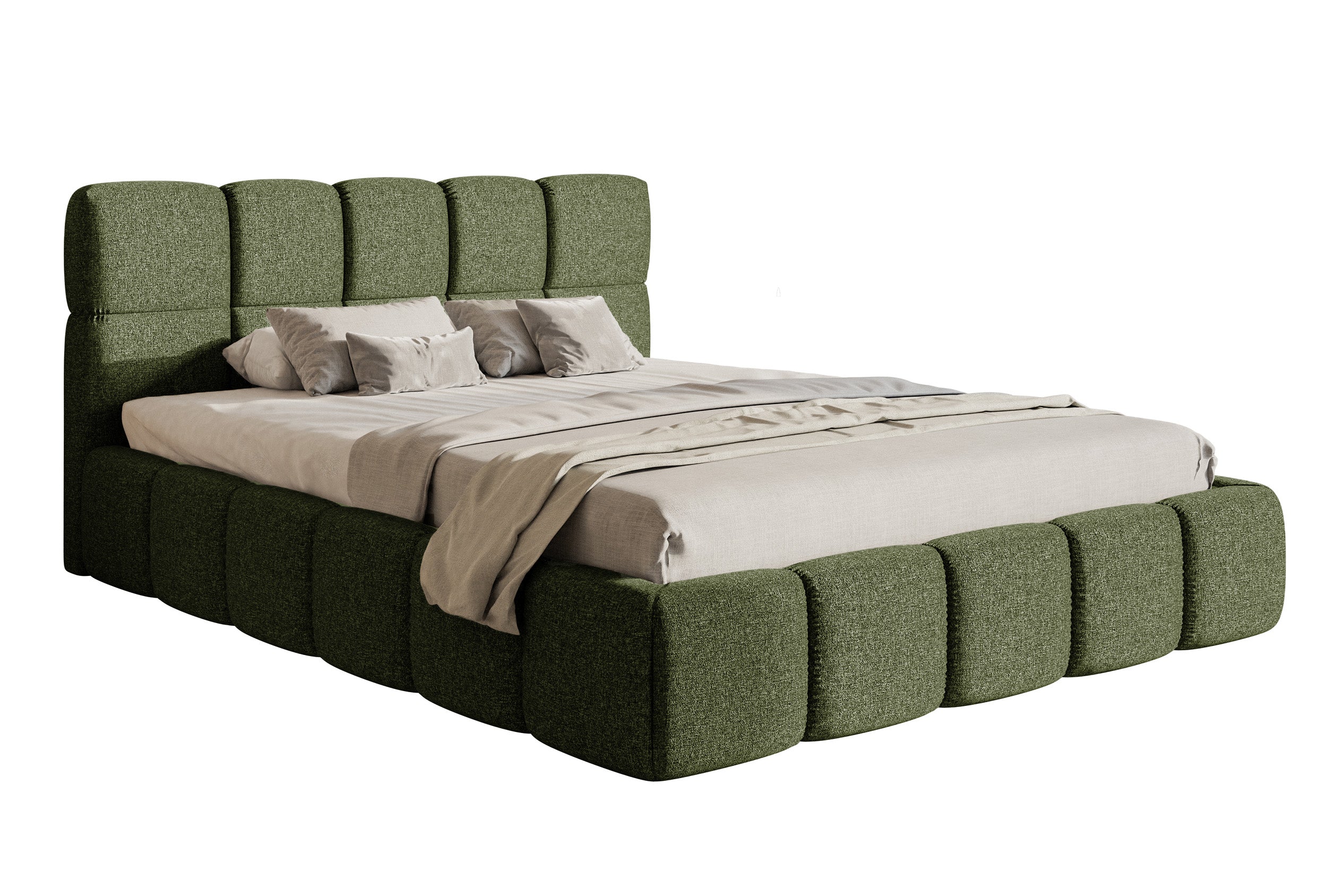 Gepolstertes Bett 120x200 cm Cloudy mit Stauraum, Metallrahmen, olivgrüner hydrophober Chenillestoff