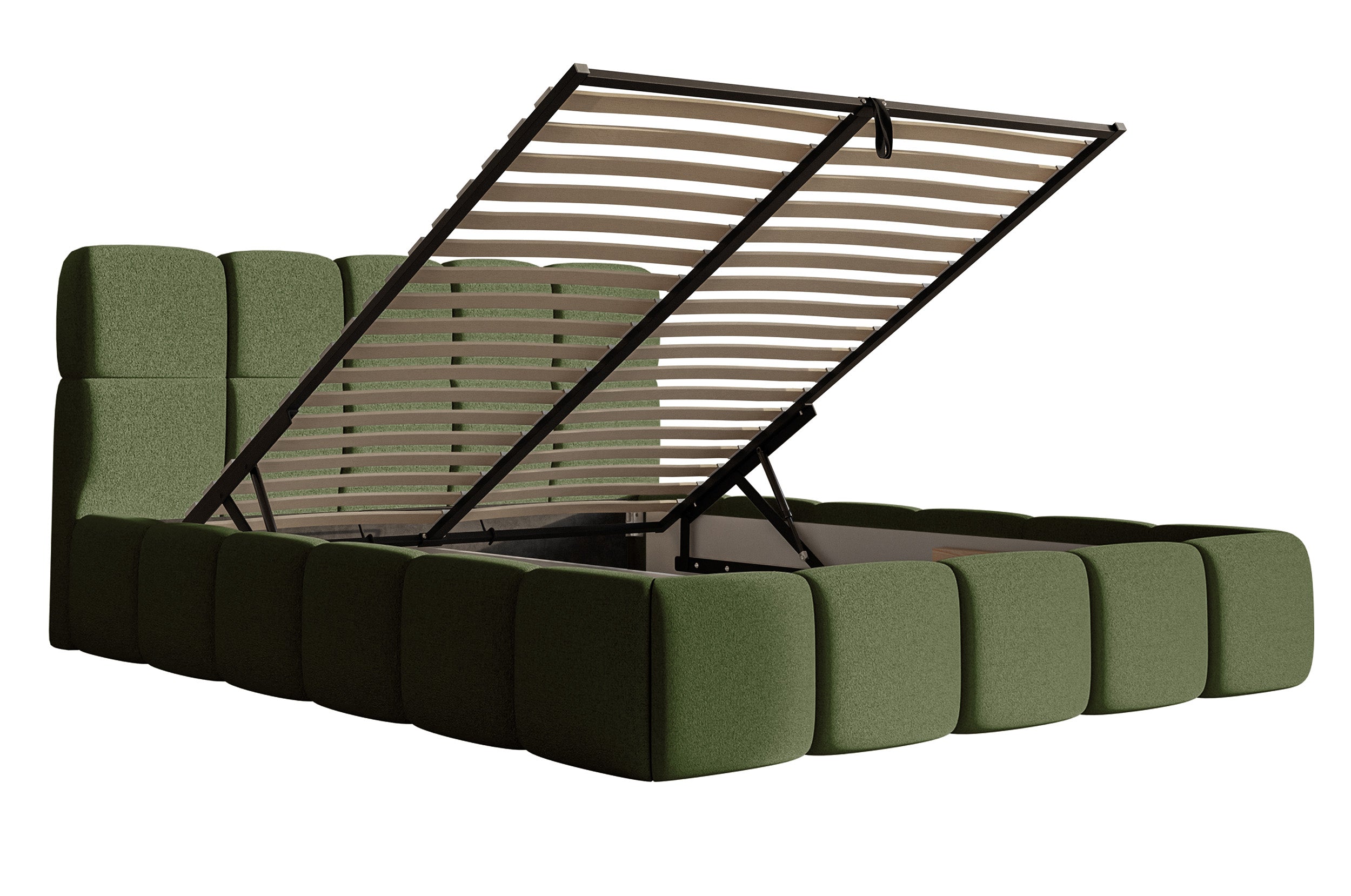 Gepolstertes Bett 120x200 cm Cloudy mit Stauraum, Metallrahmen, olivgrüner hydrophober Chenillestoff