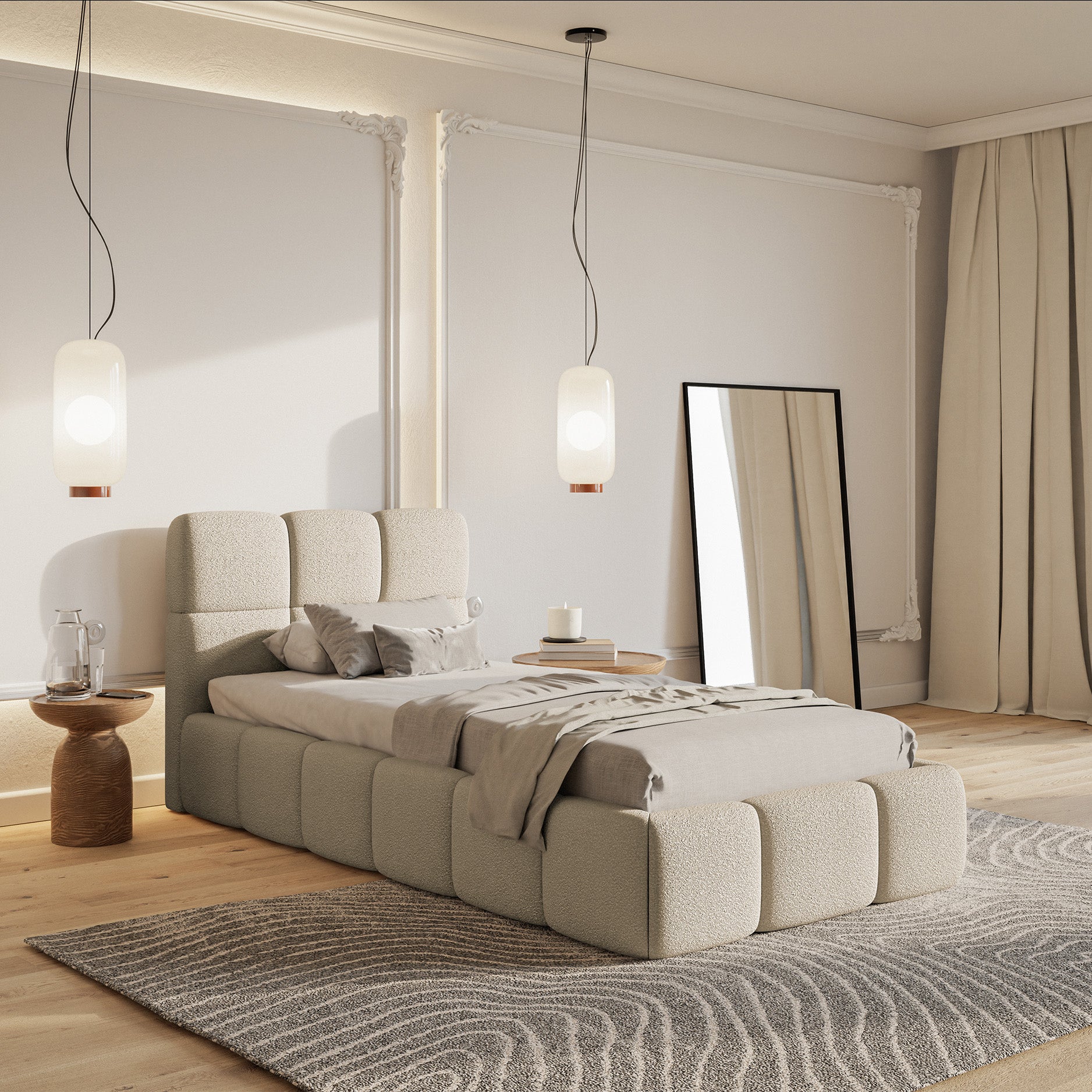 Polsterbett 90x200 cm Cloudy mit Stauraum, Metallrahmen, hellbeiges Bouclé