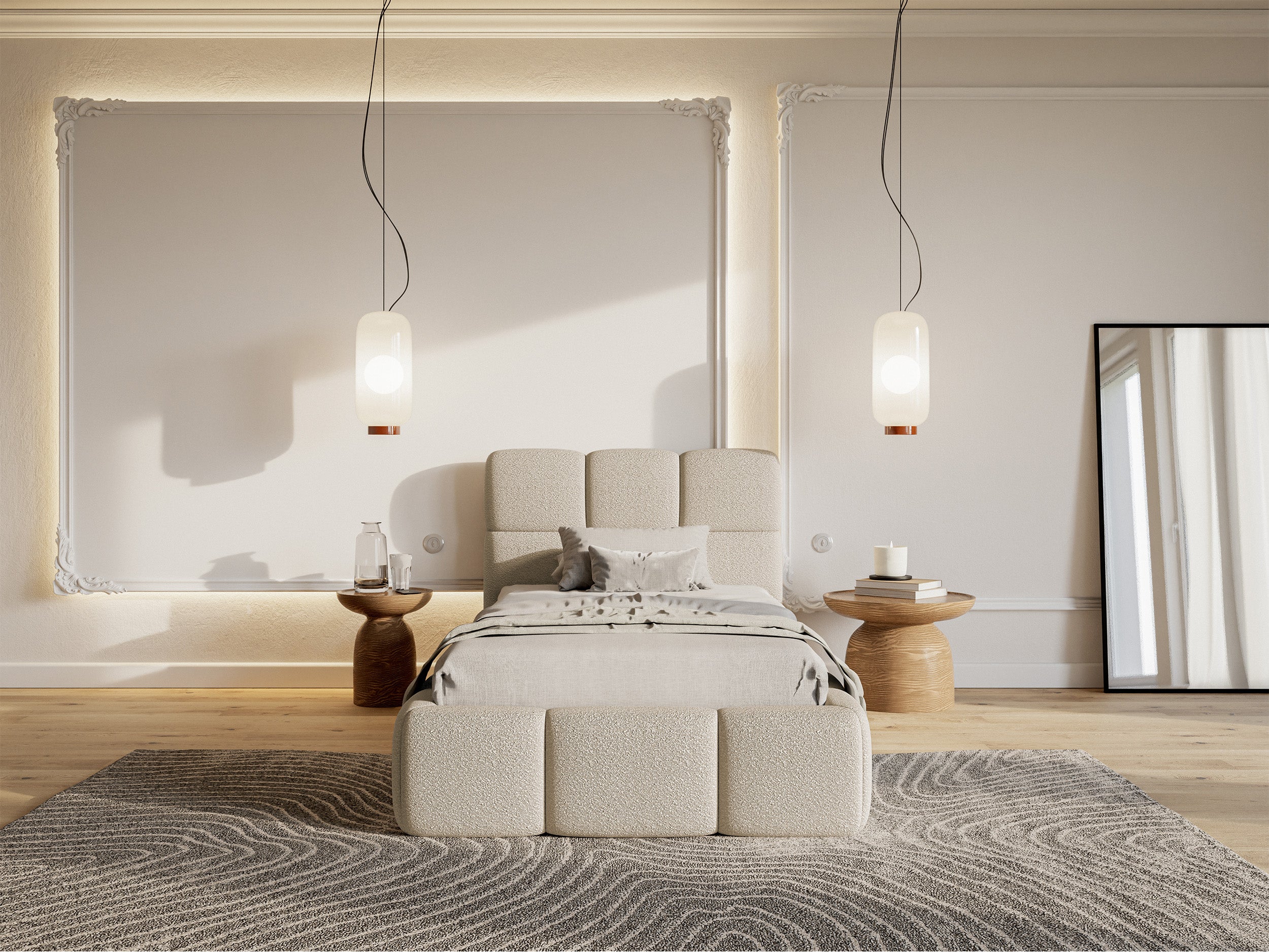Polsterbett 90x200 cm Cloudy mit Stauraum, Metallrahmen, hellbeiges Bouclé