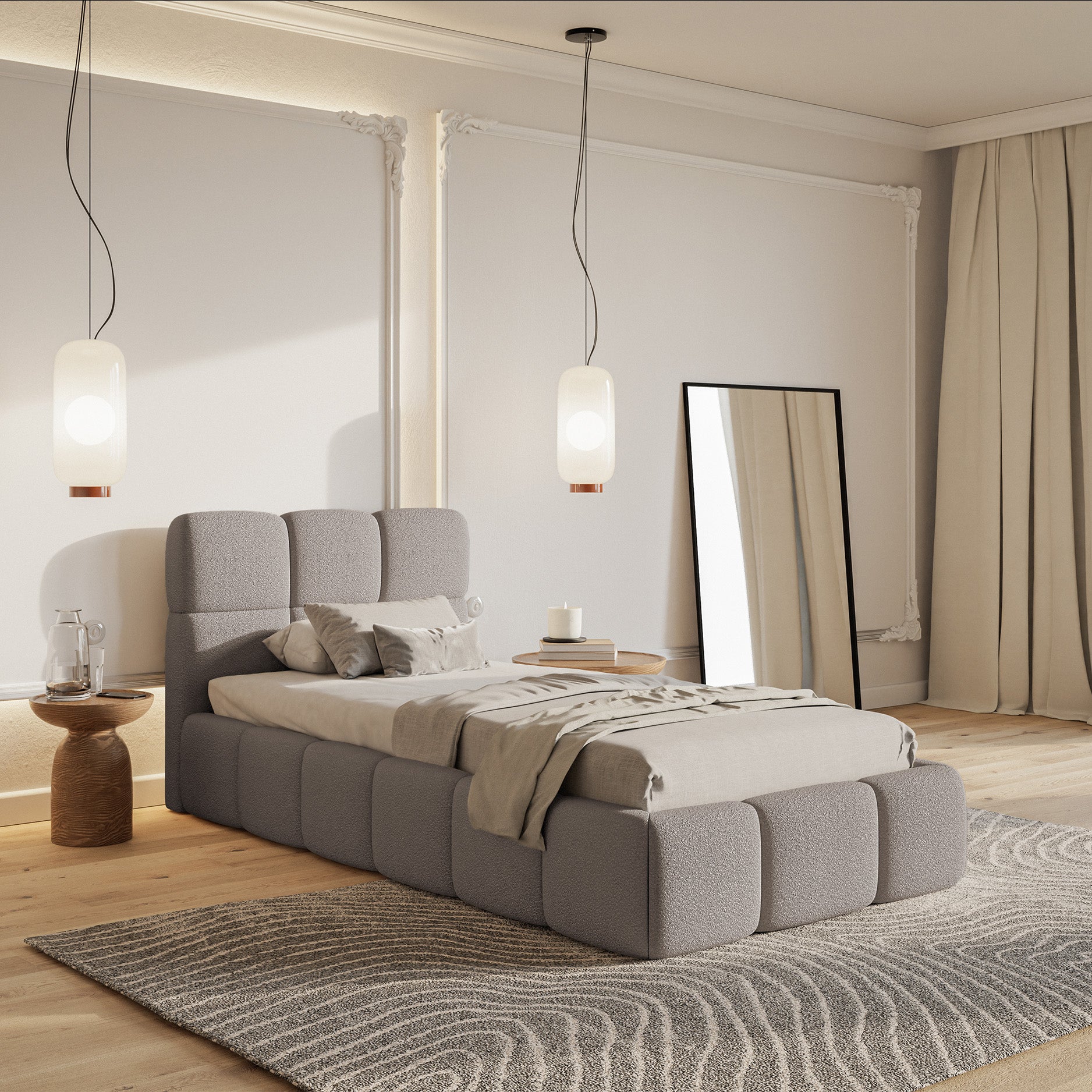 Gepolstertes Bett 90x200 cm Cloudy mit Stauraum, Metallrahmen, hellgrauer Bouclé-Stoff