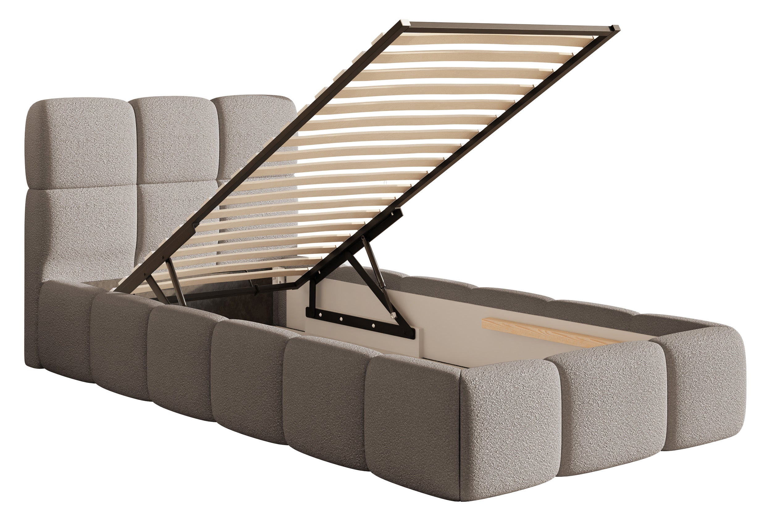 Gepolstertes Bett 90x200 cm Cloudy mit Stauraum, Metallrahmen, hellgrauer Bouclé-Stoff