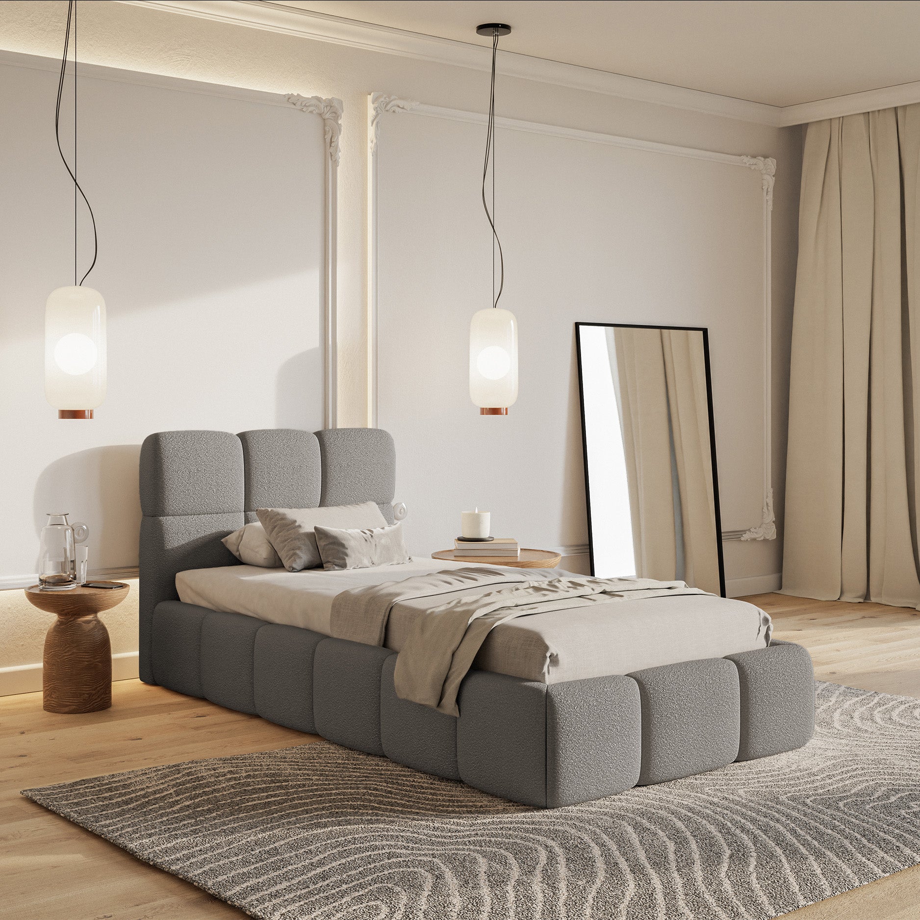Gepolstertes Bett 90x200 cm Cloudy in grauem Bouclé