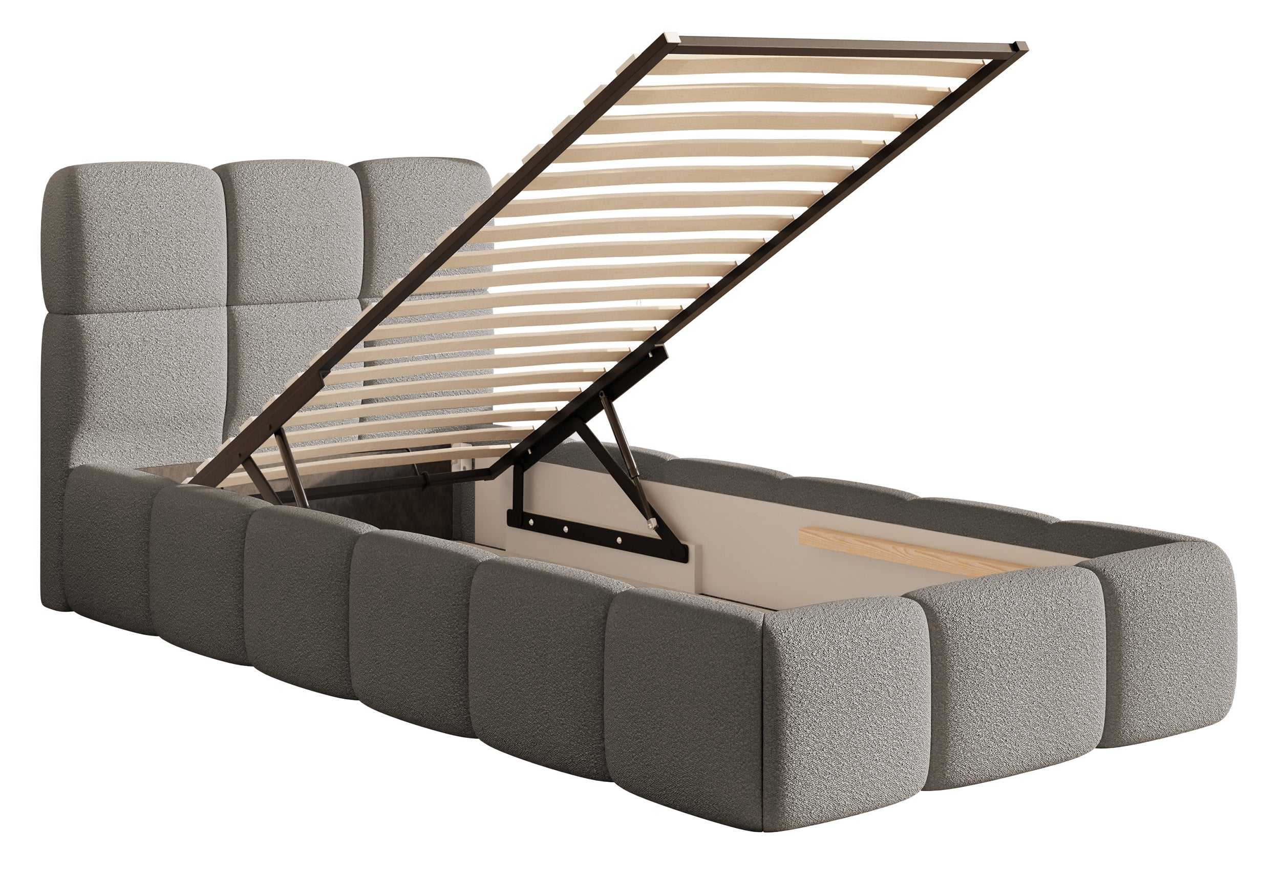 Polsterbett 90x200 cm Cloudy mit Stauraum, Metallrahmen, grauer Bouclé-Stoff