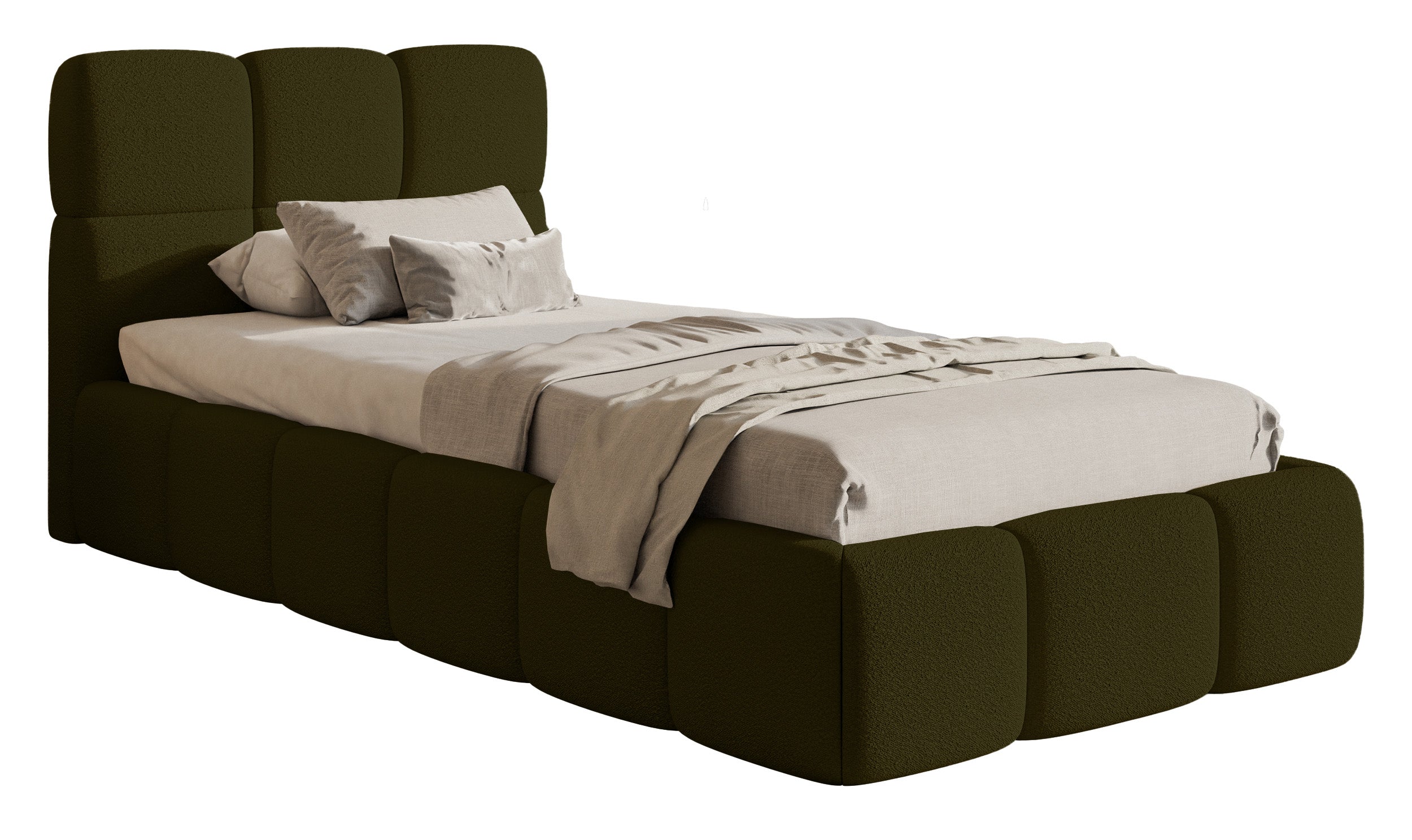 Gepolstertes Bett 90x200 cm Cloudy mit Stauraum, Metallrahmen, olivfarbenes Bouclé