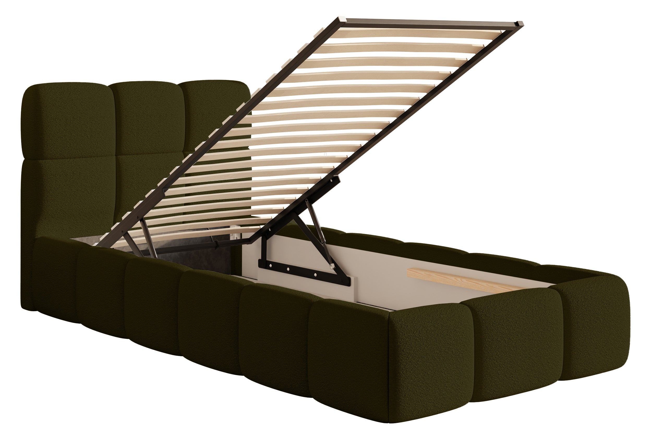 Gepolstertes Bett 90x200 cm Cloudy mit Stauraum, Metallrahmen, olivfarbenes Bouclé