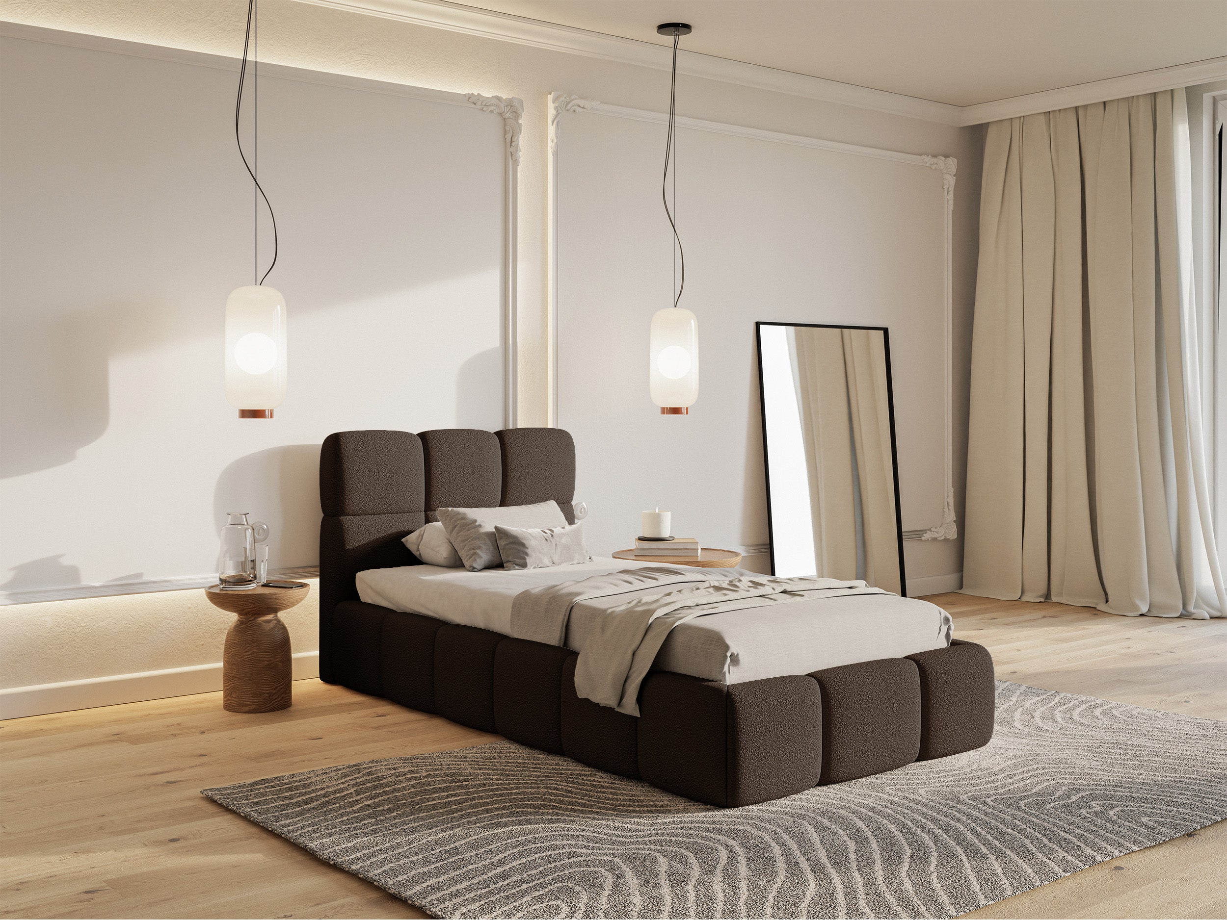 Gepolstertes Bett 90x200 cm Cloudy mit Stauraum, Metallrahmen, braunes Bouclé