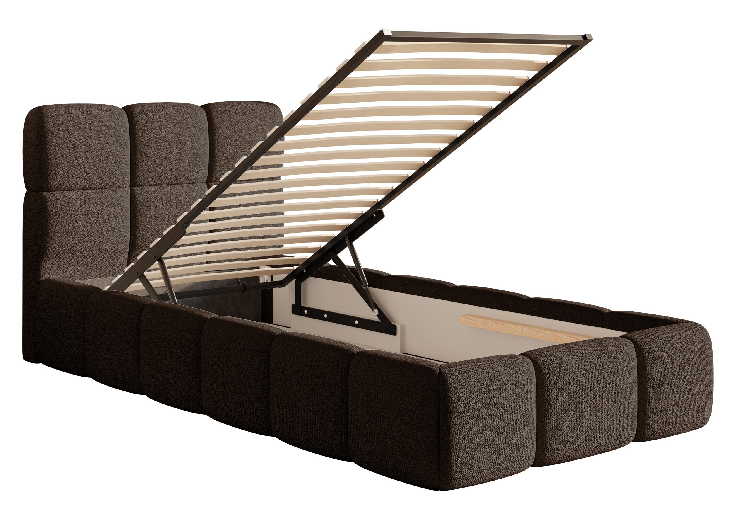 Gepolstertes Bett 90x200 cm Cloudy mit Stauraum, Metallrahmen, braunes Bouclé