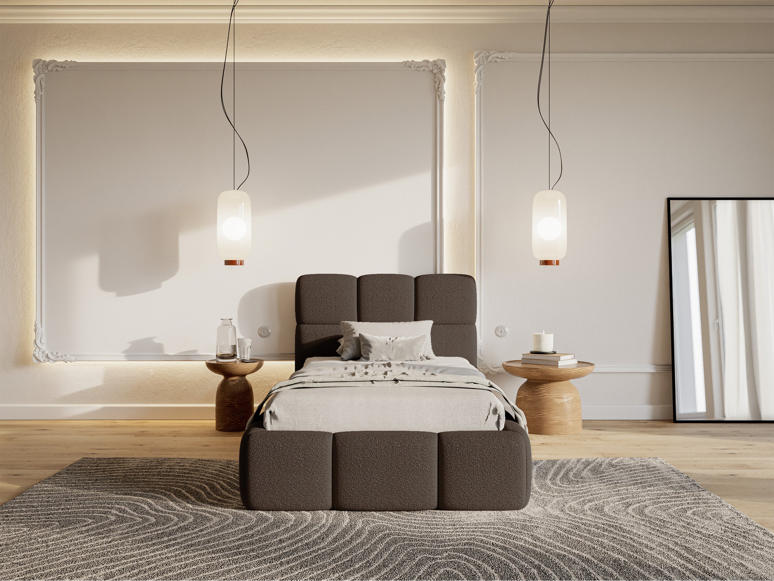 Gepolstertes Bett 90x200 cm Cloudy mit Stauraum, Metallrahmen, braunes Bouclé