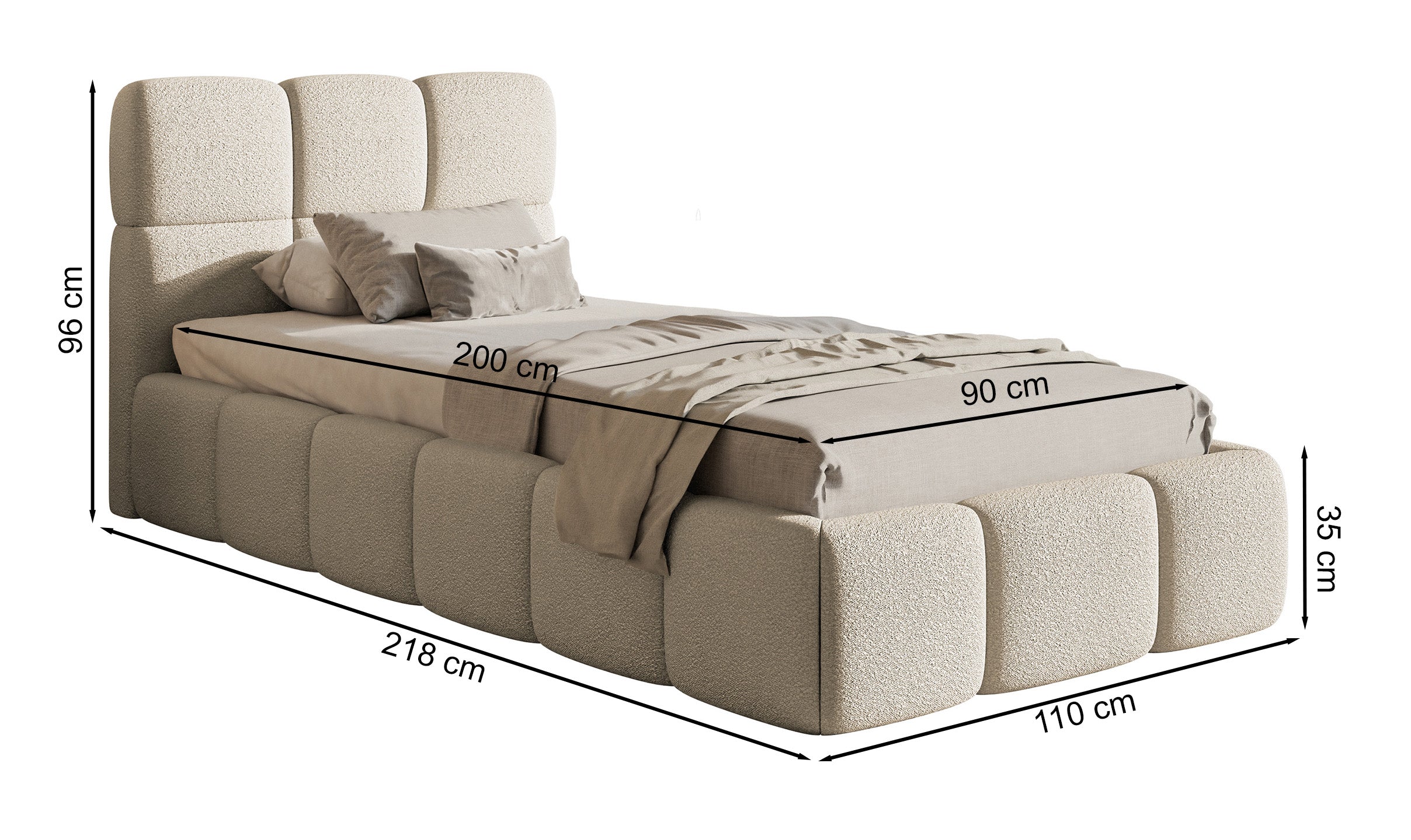 Gepolstertes Bett 90x200 cm Cloudy in grauem Bouclé