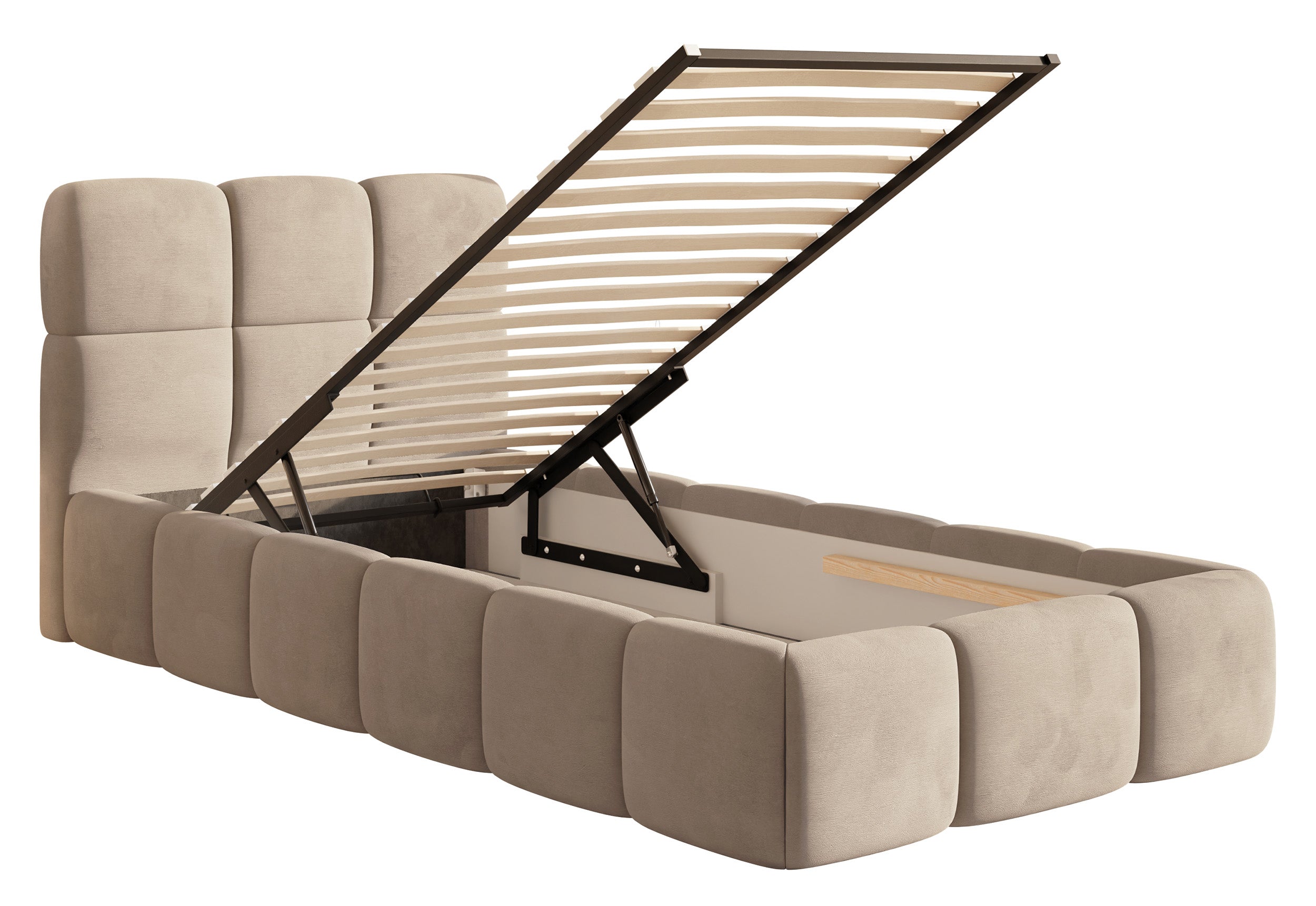 Polsterbett 90x200 cm Cloudy mit Stauraum, Metallrahmen, beige Velours, wasserabweisend und leicht zu reinigen