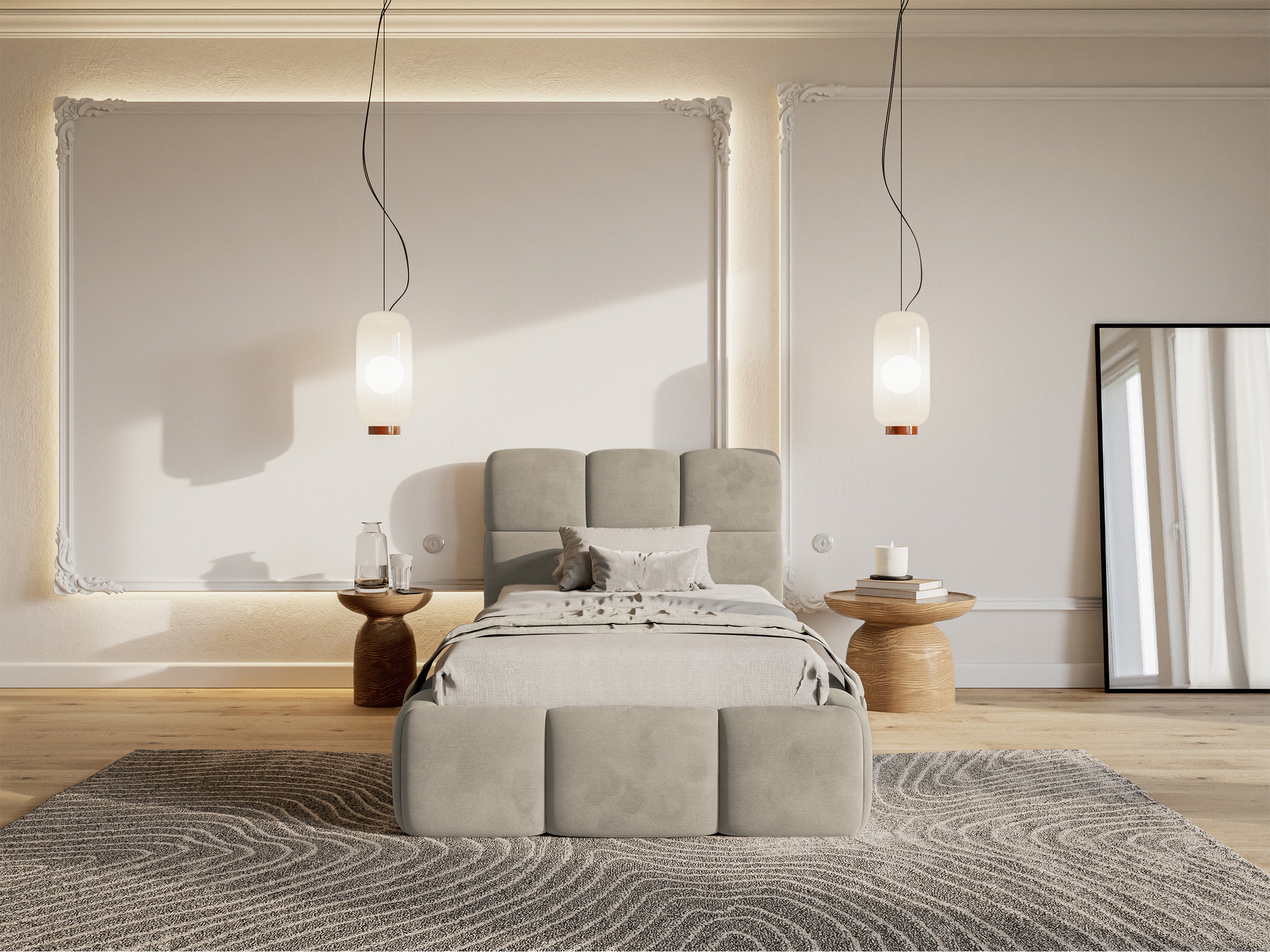Gepolstertes Bett 90x200 cm Cloudy in grau-beige, wasserabweisender, leicht zu reinigender Samtstoff