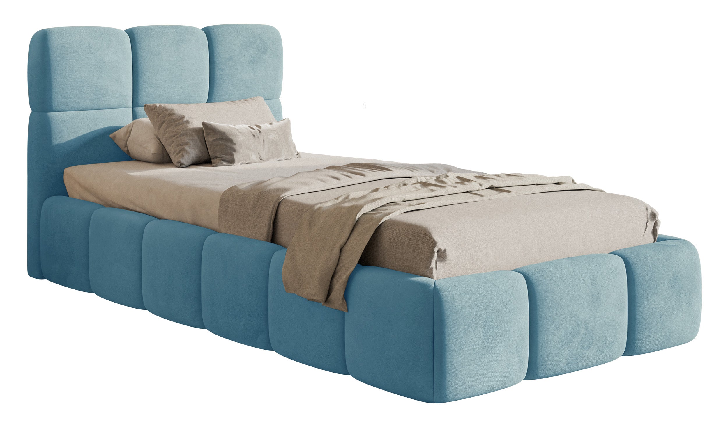 Gepolstertes Bett 90x200 cm Cloudy hellblauer Velours, wasserabweisend und leicht zu reinigen