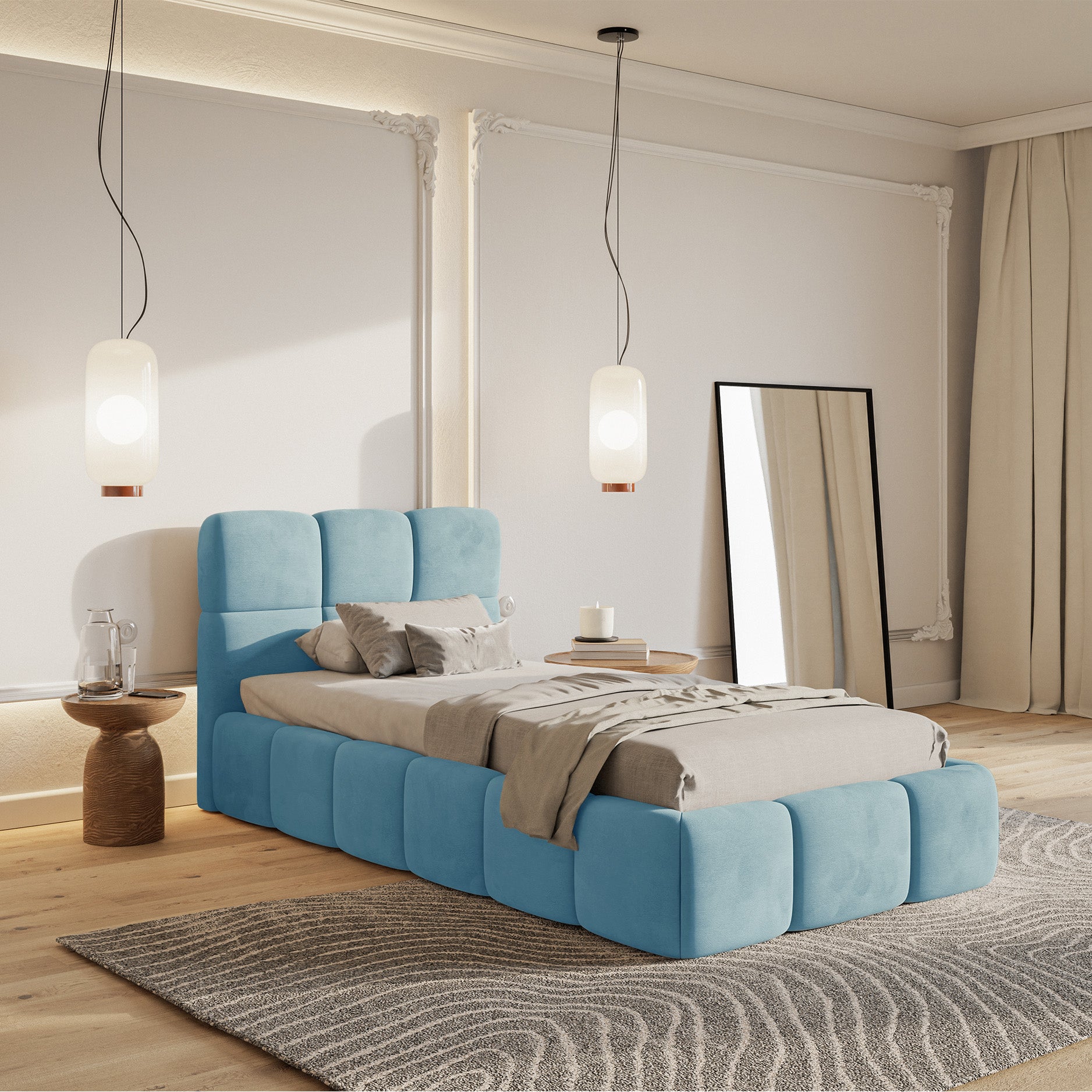 Gepolstertes Bett 90x200 cm Cloudy hellblauer Velours, wasserabweisend und leicht zu reinigen
