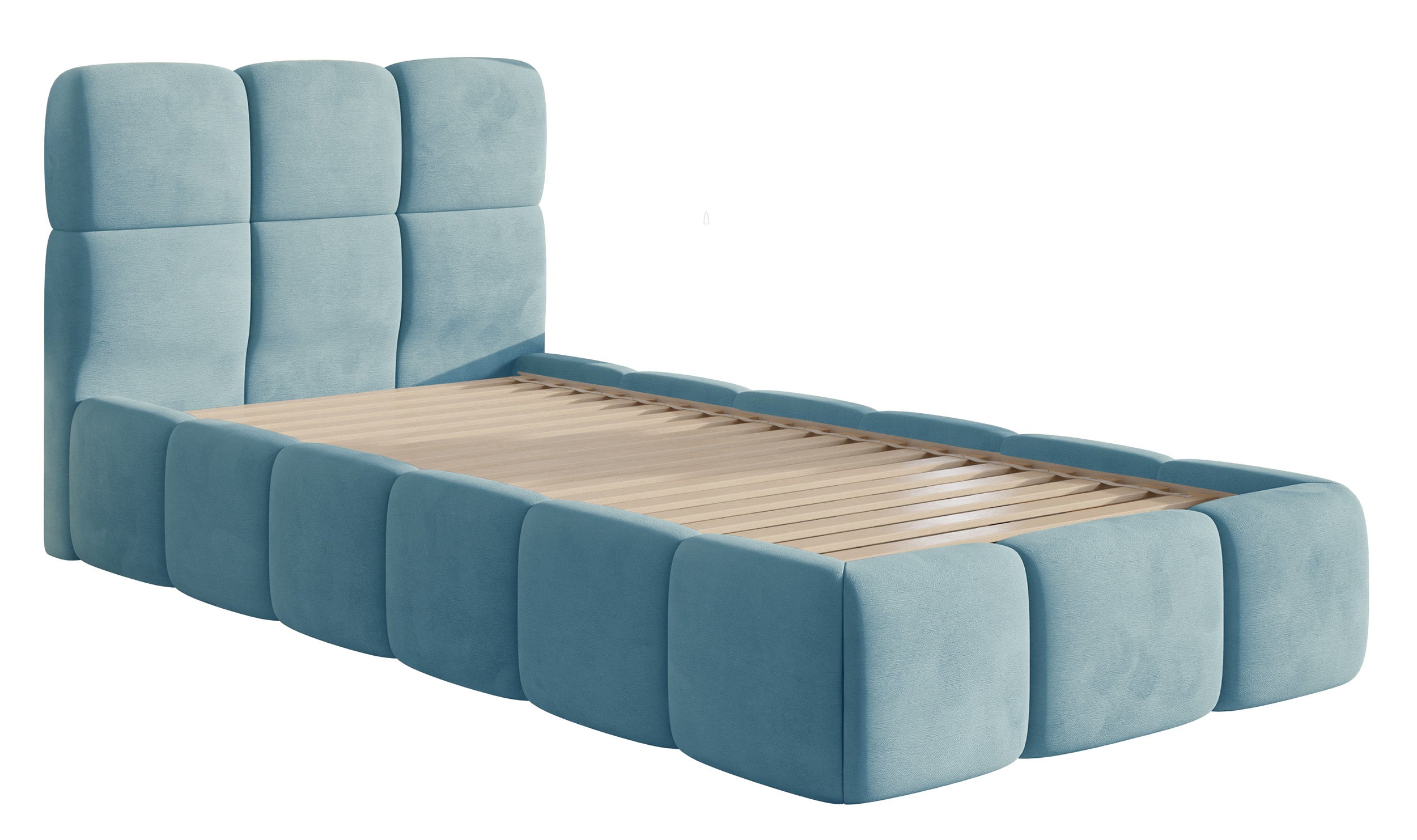 Gepolstertes Bett 90x200 cm Cloudy hellblauer Velours, wasserabweisend und leicht zu reinigen