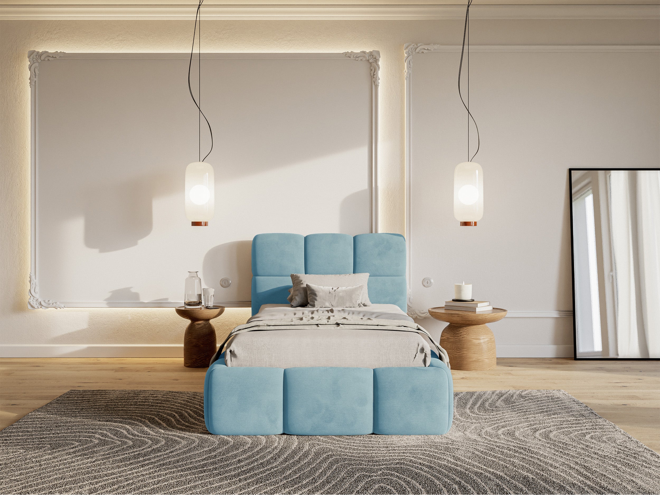 Gepolstertes Bett 90x200 cm Cloudy hellblauer Velours, wasserabweisend und leicht zu reinigen