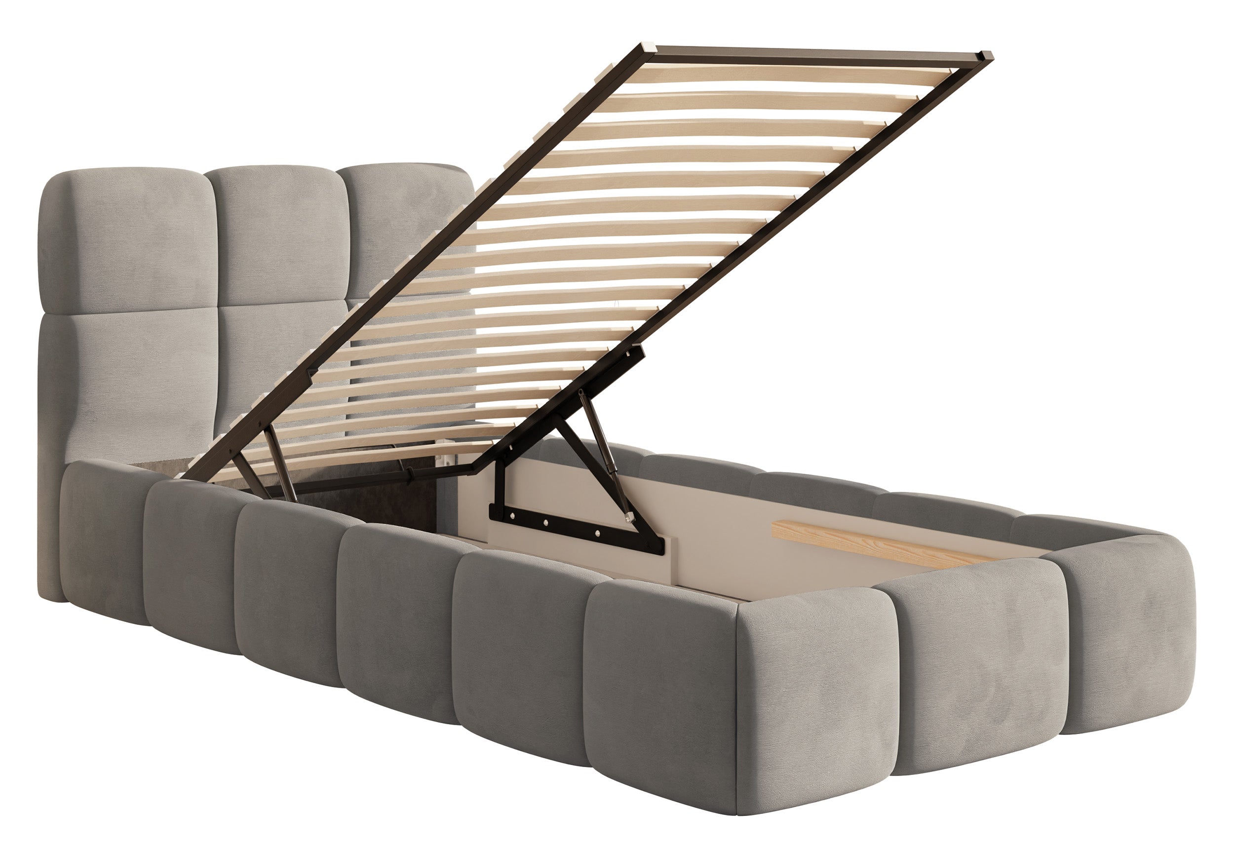 Gepolstertes Bett 90x200 cm Cloudy mit Stauraum, Metallrahmen, hellgrauer Velours, wasserabweisend und pflegeleicht
