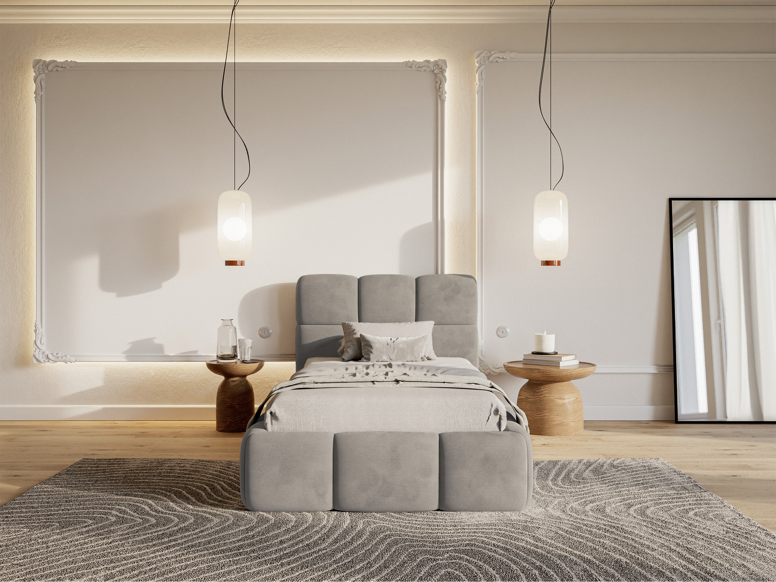 Gepolstertes Bett 90x200 cm Cloudy mit Stauraum, Metallrahmen, hellgrauer Velours, wasserabweisend und pflegeleicht