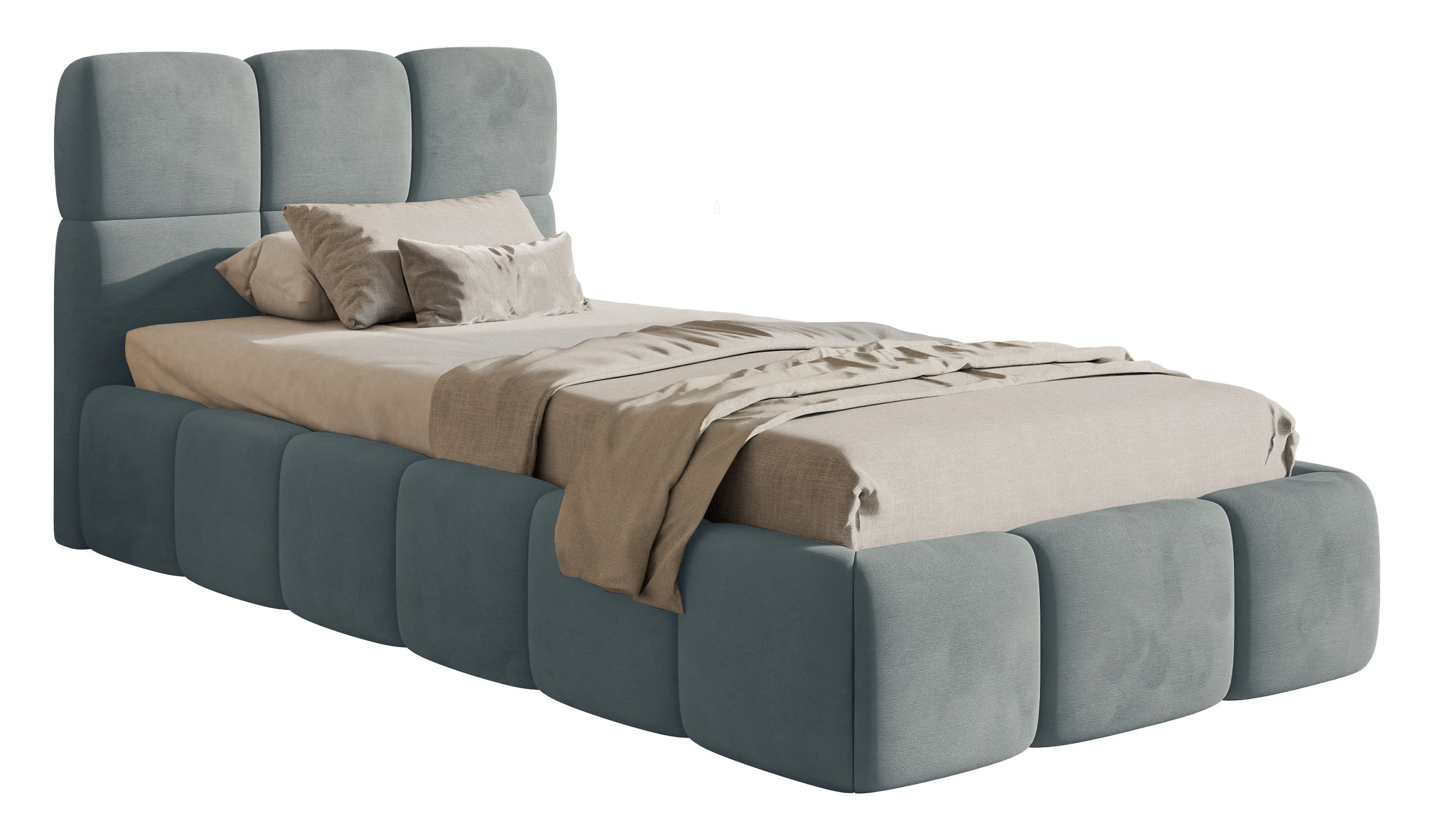 Gepolstertes Bett 90x200 cm Cloudy mit Stauraum, Metallrahmen, grauer Velours, wasserabweisend und pflegeleicht