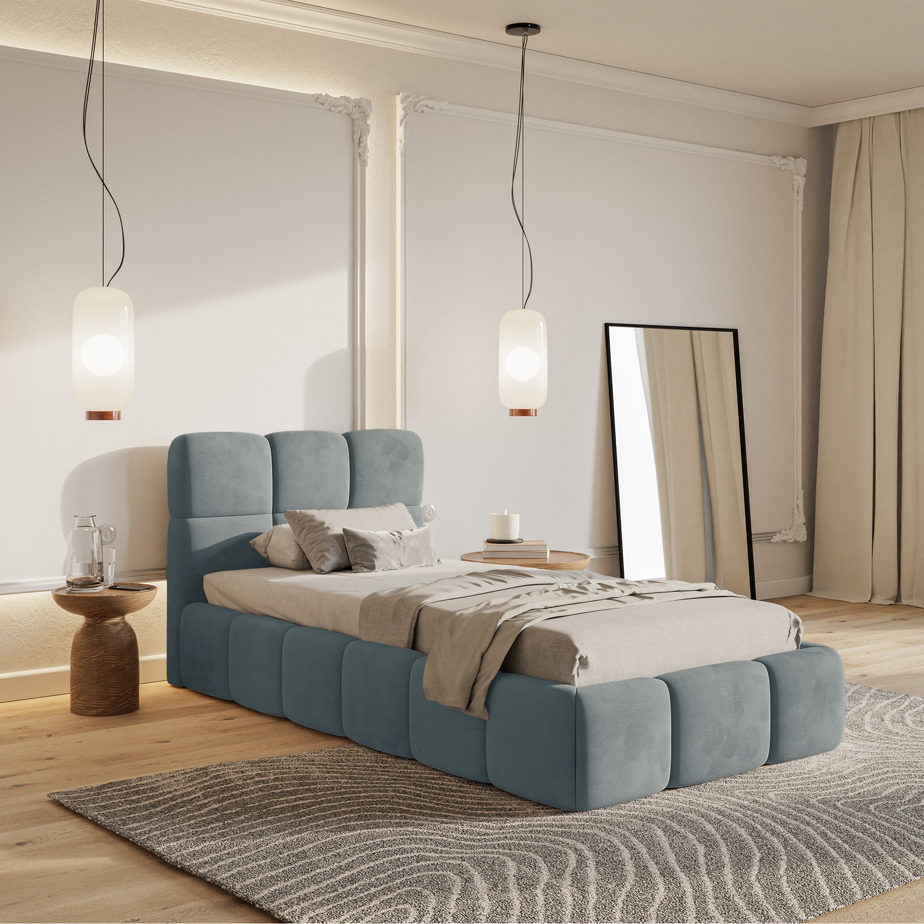 Gepolstertes Bett 90x200 cm Cloudy mit Stauraum, Metallrahmen, grauer Velours, wasserabweisend und pflegeleicht
