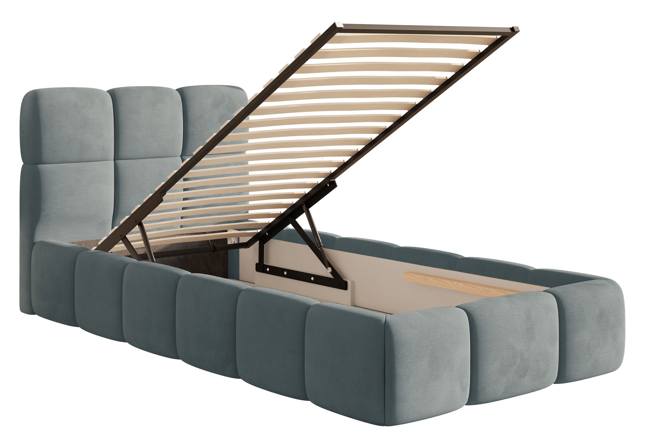 Gepolstertes Bett 90x200 cm Cloudy mit Stauraum, Metallrahmen, grauer Velours, wasserabweisend und pflegeleicht