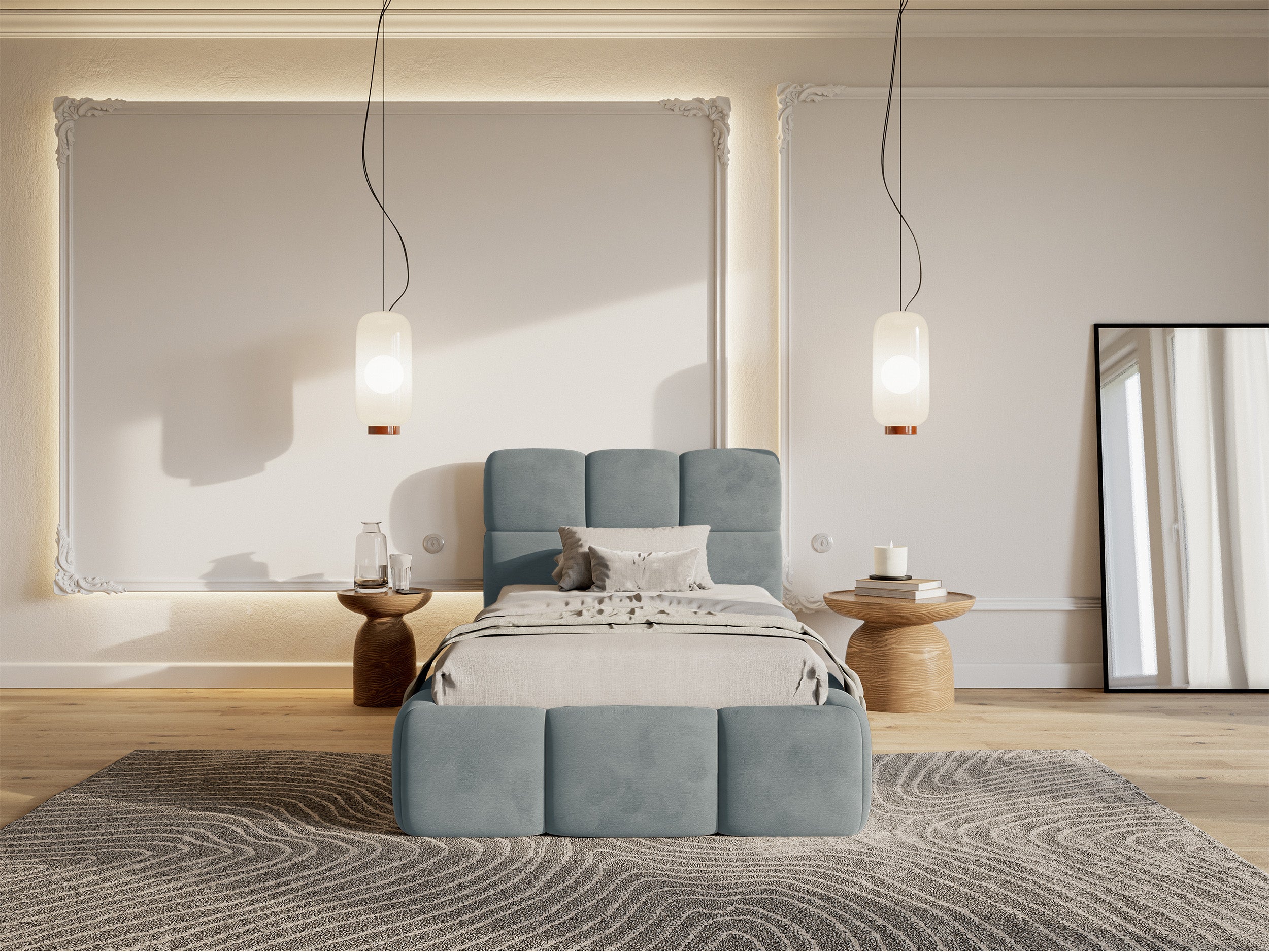 Gepolstertes Bett 90x200 cm Cloudy mit Stauraum, Metallrahmen, grauer Velours, wasserabweisend und pflegeleicht