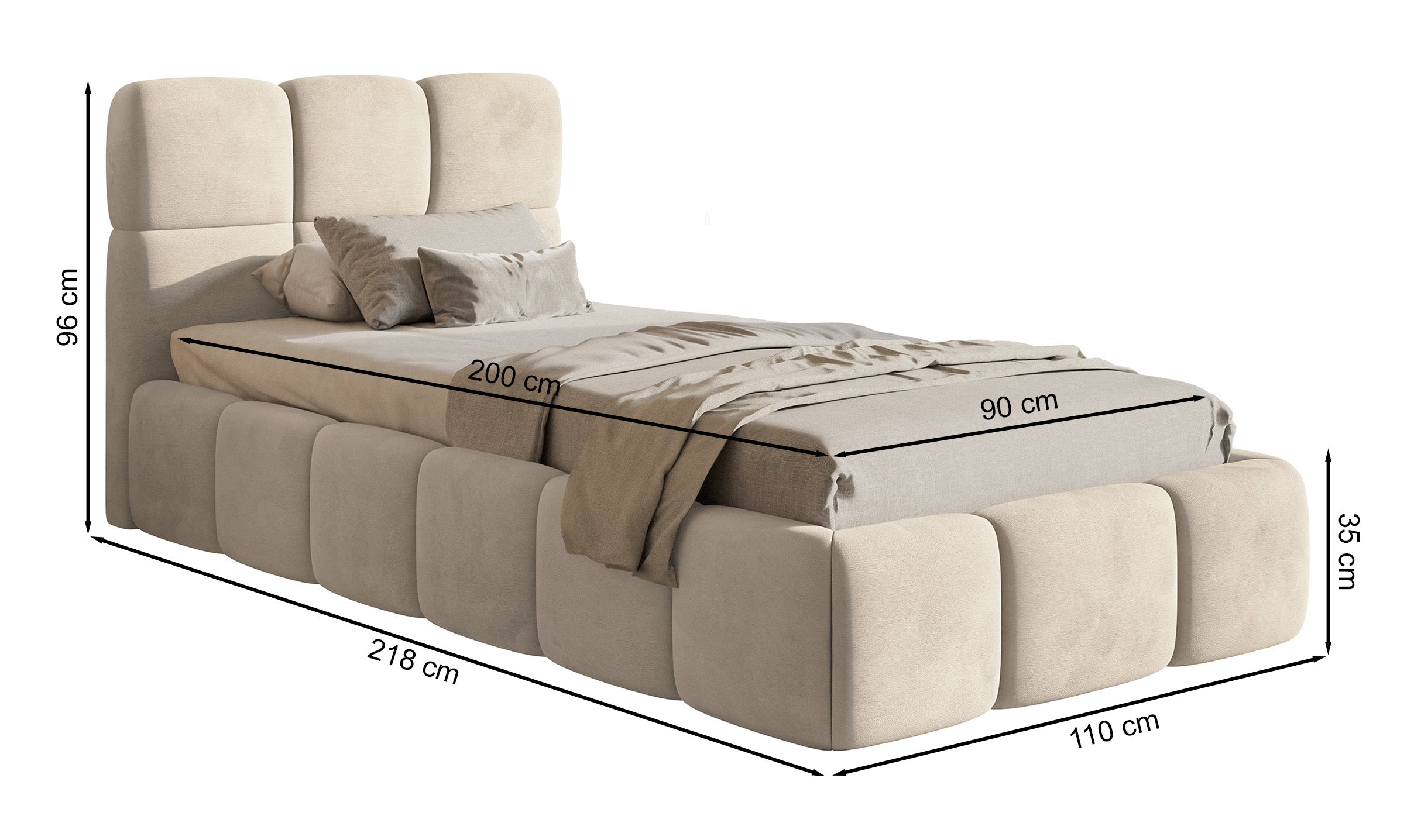 Gepolstertes Bett 90x200 cm Cloudy mit Stauraum, Metallrahmen, grauer Velours, wasserabweisend und pflegeleicht
