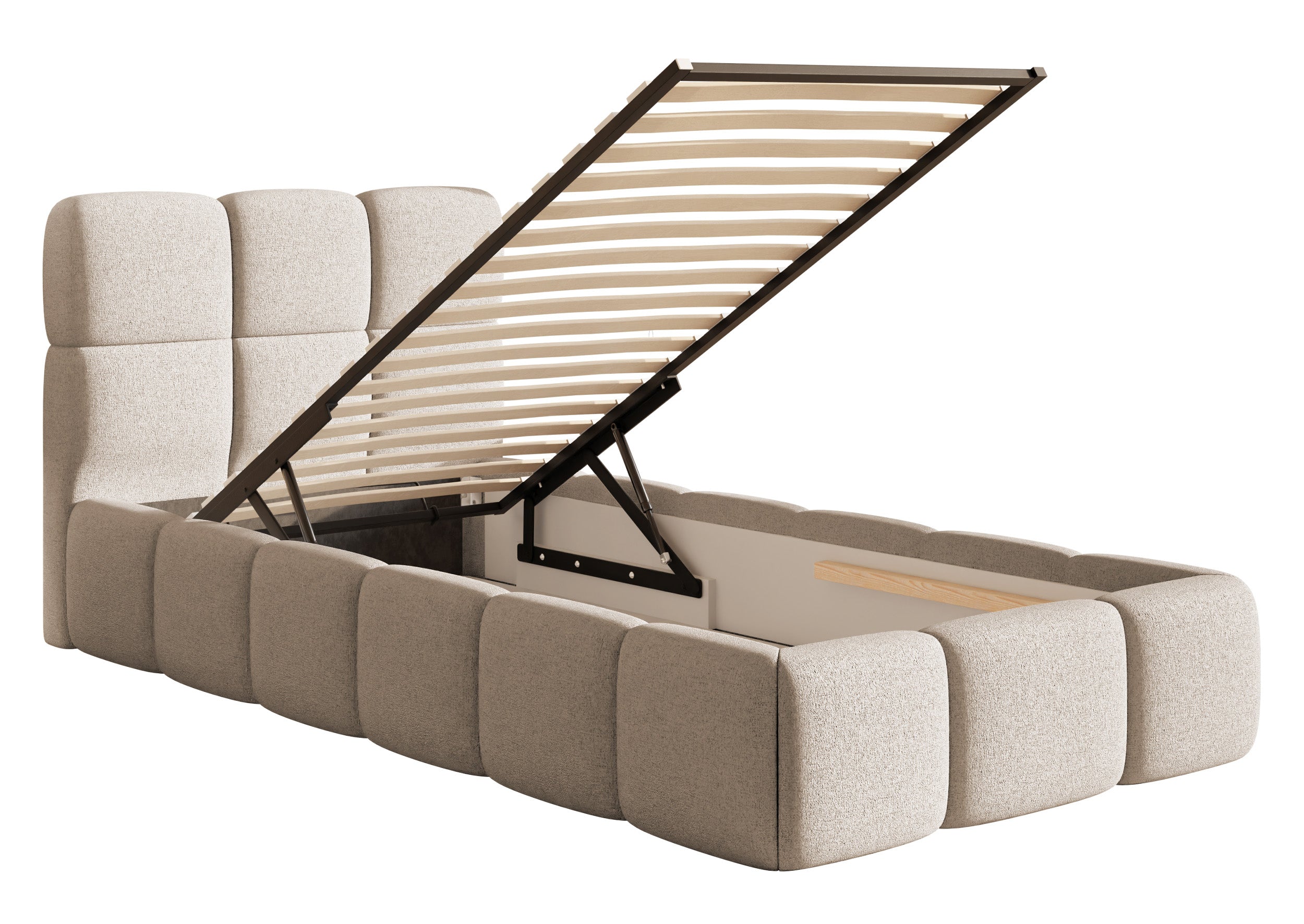 Gepolstertes Bett 90x200 cm Cloudy mit Stauraum, Metallrahmen, hellbeiger hydrophober Chenillestoff