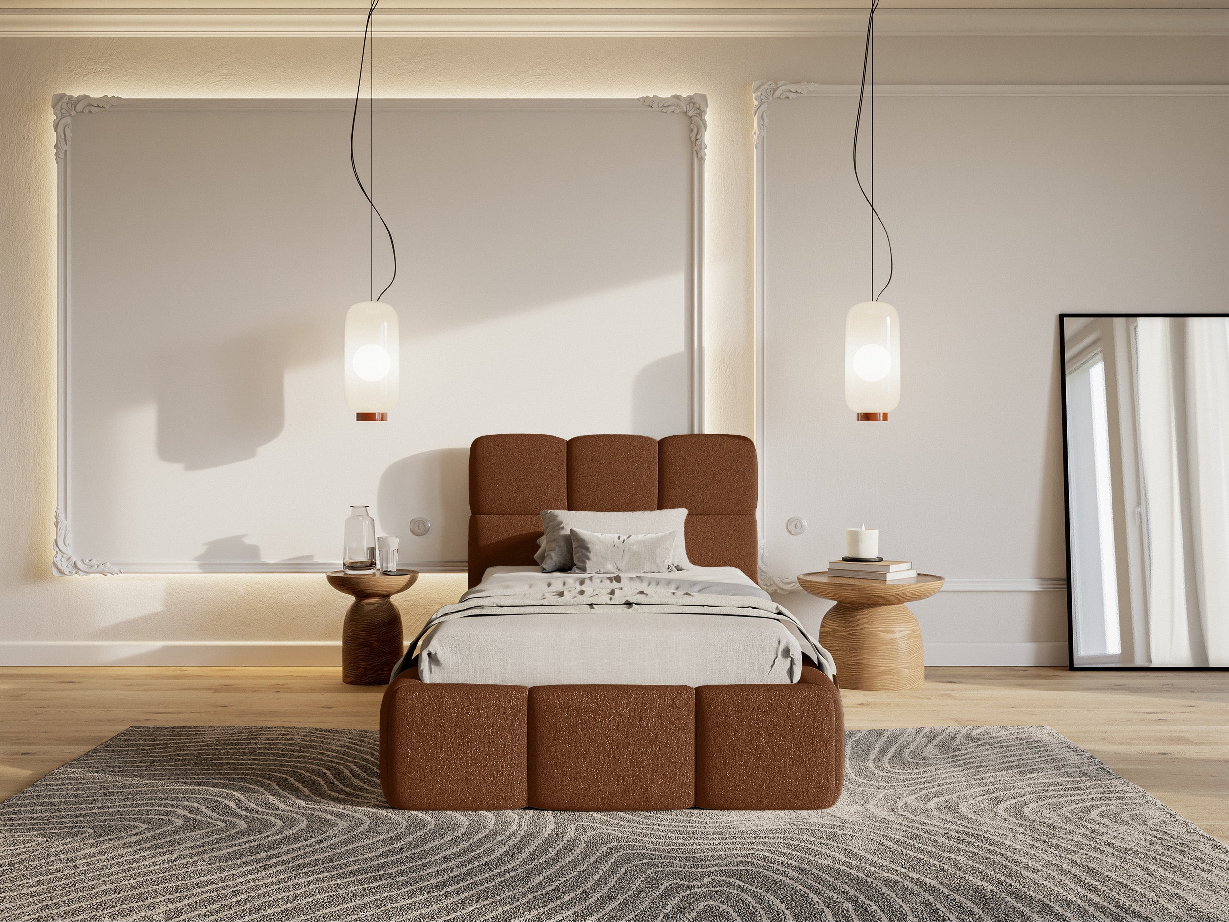Polsterbett 90x200 cm Cloudy mit Stauraum, Metallrahmen, kupferfarbenes Chenille, wasserabweisend