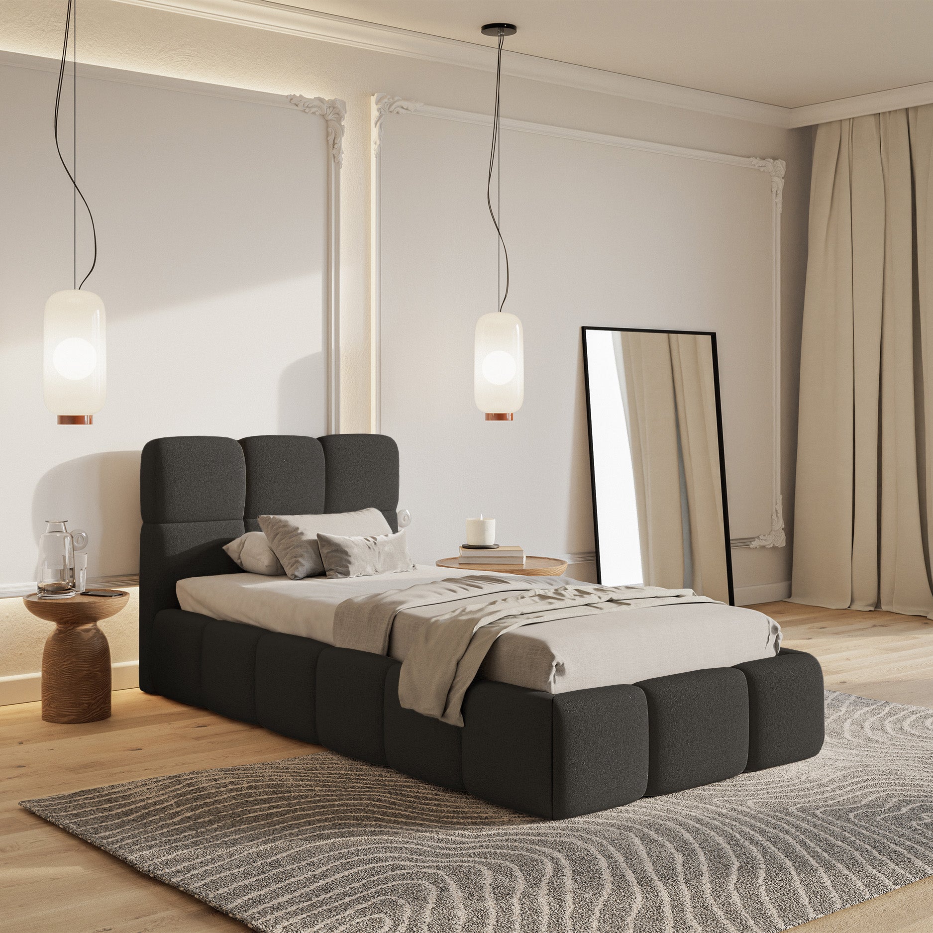 Gepolstertes Bett 90x200 cm Cloudy, grafitfarben, hydrophobes Chenille