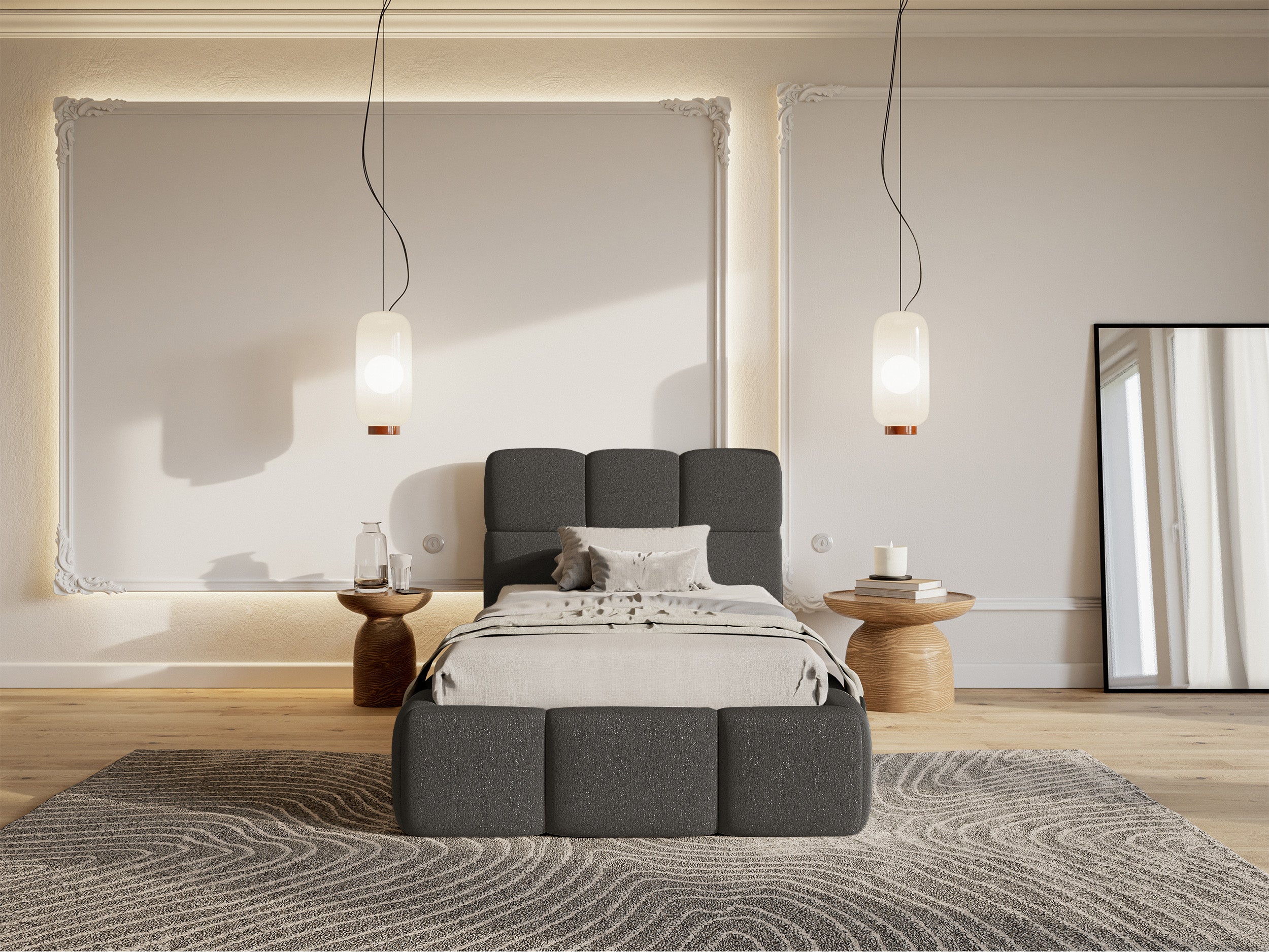Gepolstertes Bett 90x200 cm Cloudy, grafitfarben, hydrophobes Chenille