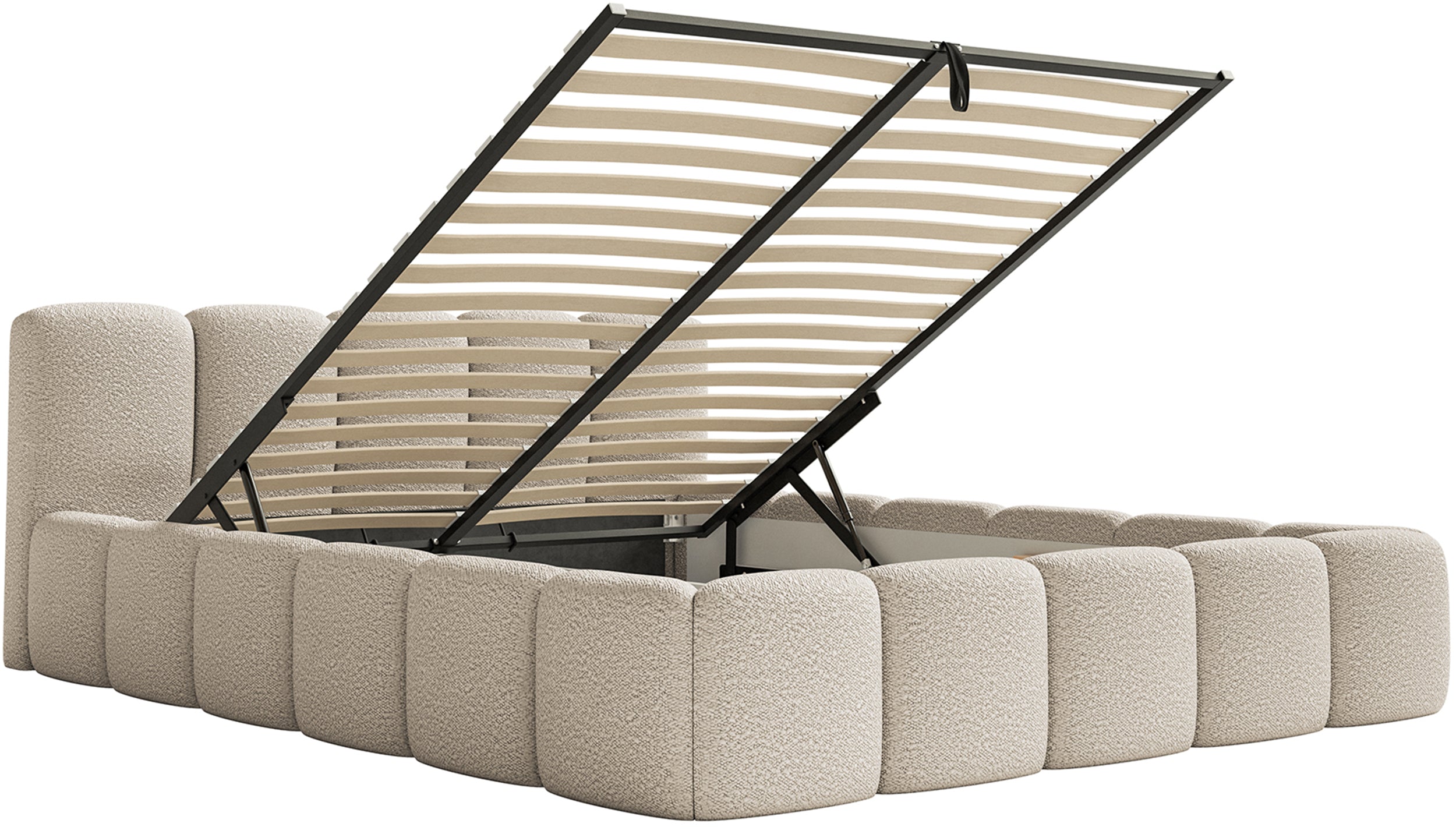 Polsterbett 120x200 cm Cloudy Low mit Stauraum, Metallrahmen, hellbeige Bouclé