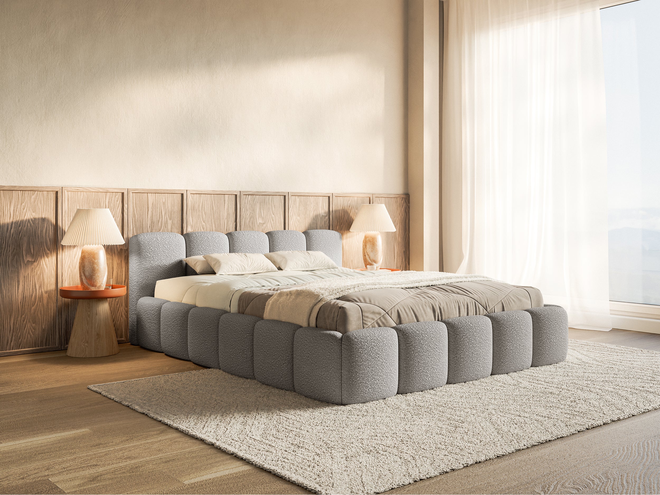 Gepolstertes Bett 120x200 cm Cloudy Low mit Stauraum, Metallrahmen, grauer Bouclé-Stoff