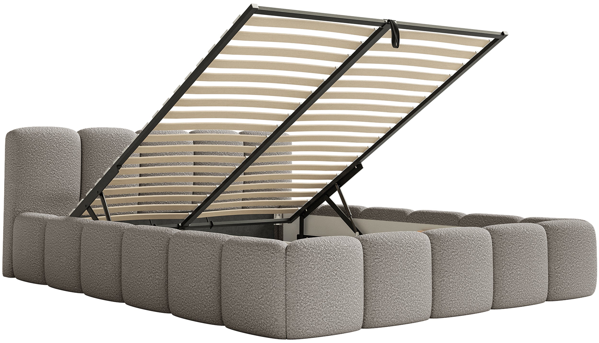 Gepolstertes Bett 120x200 cm Cloudy Low mit Stauraum, Metallrahmen, grauer Bouclé-Stoff