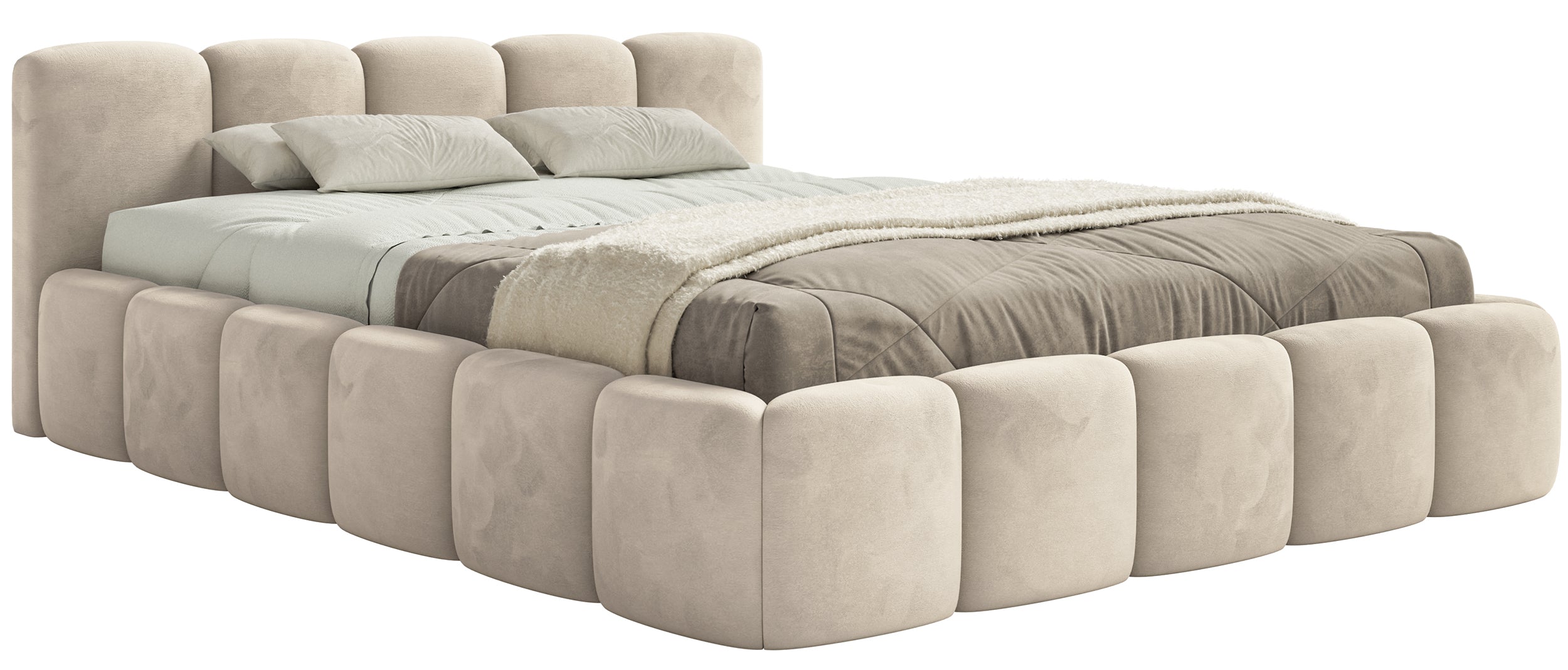 Polsterbett 120x200 cm Cloudy Low hellbeige, Velours, wasserabweisend und pflegeleicht