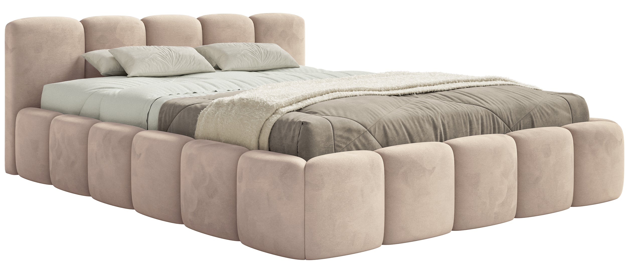 Polsterbett 120x200 cm Cloudy Low mit Stauraum, Metallrahmen, beige Velours, wasserabweisend und pflegeleicht