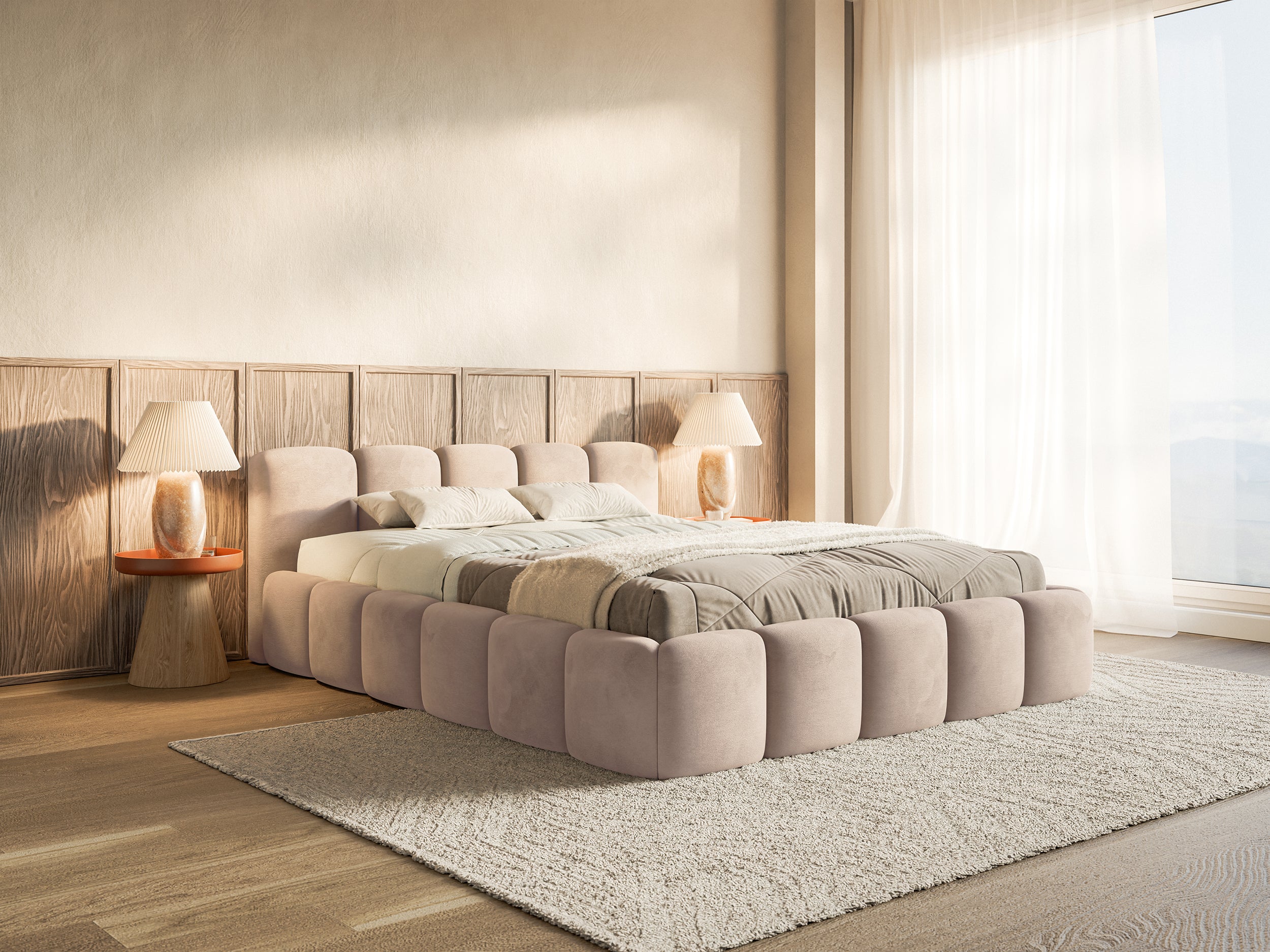 Polsterbett 120x200 cm Cloudy Low mit Stauraum, Metallrahmen, beige Velours, wasserabweisend und pflegeleicht