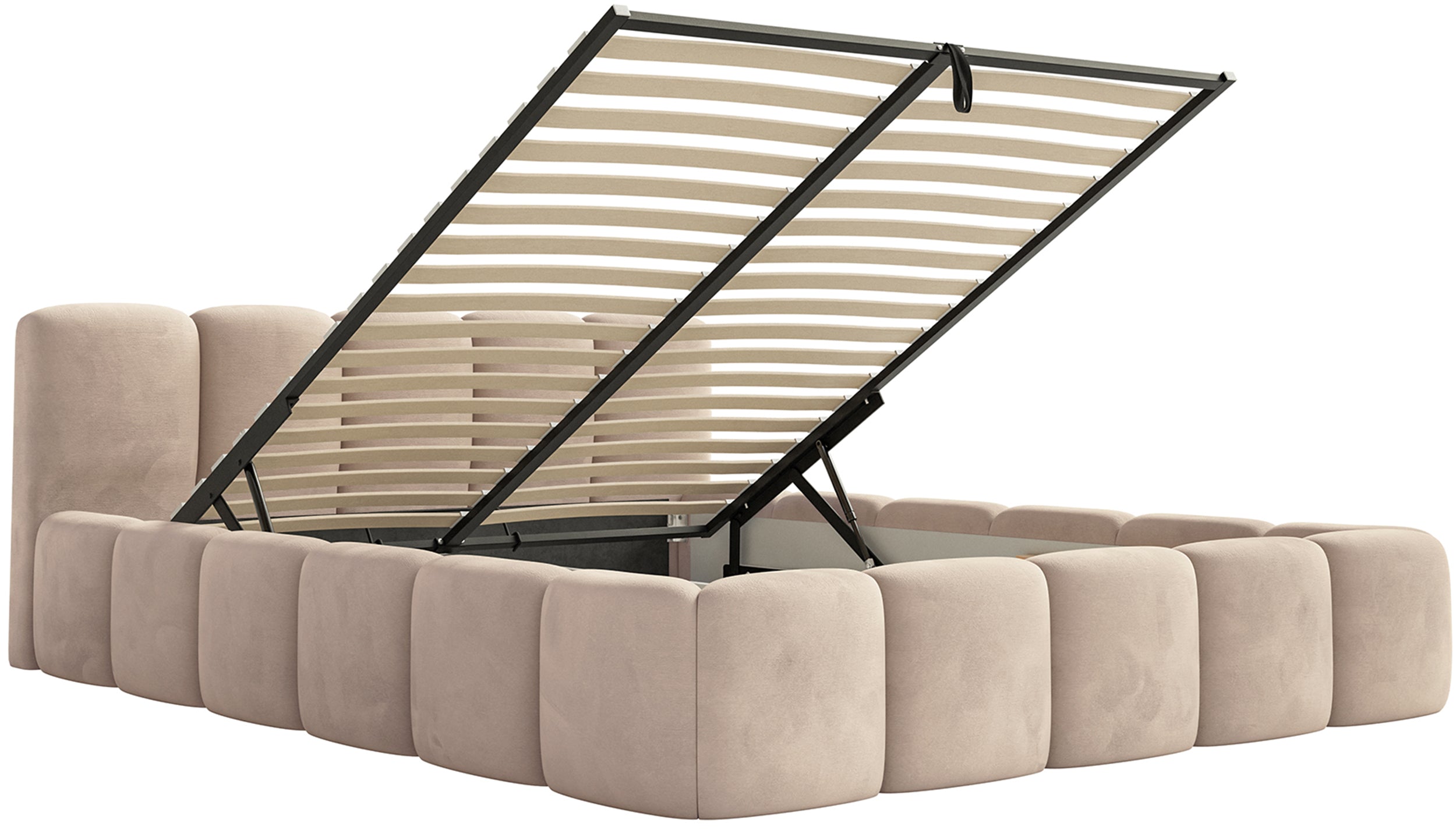 Polsterbett 120x200 cm Cloudy Low mit Stauraum, Metallrahmen, beige Velours, wasserabweisend und pflegeleicht