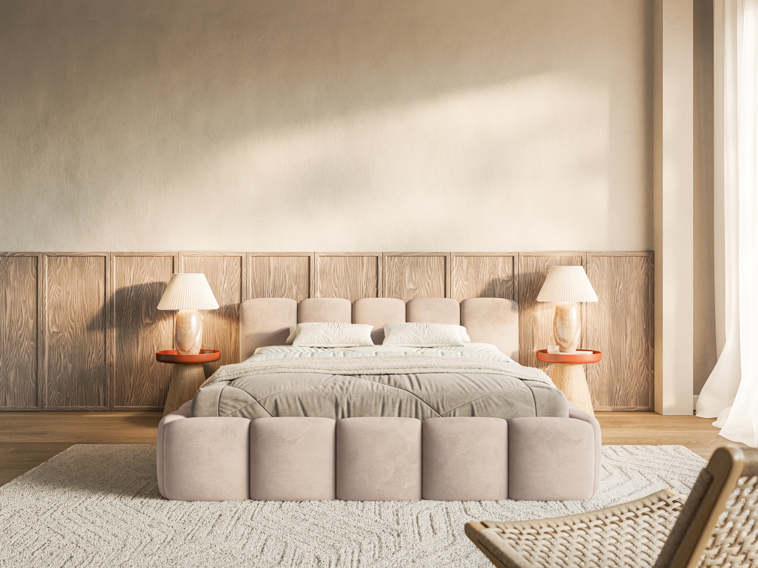 Polsterbett 120x200 cm Cloudy Low mit Stauraum, Metallrahmen, beige Velours, wasserabweisend und pflegeleicht