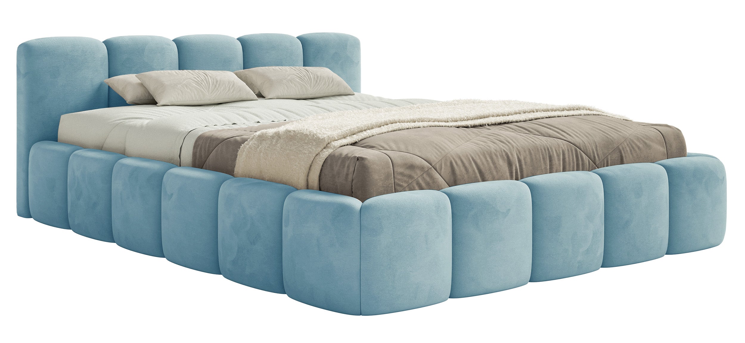 Gepolstertes Bett 120x200 cm Cloudy Low, hellblauer Velours, wasserabweisend und pflegeleicht