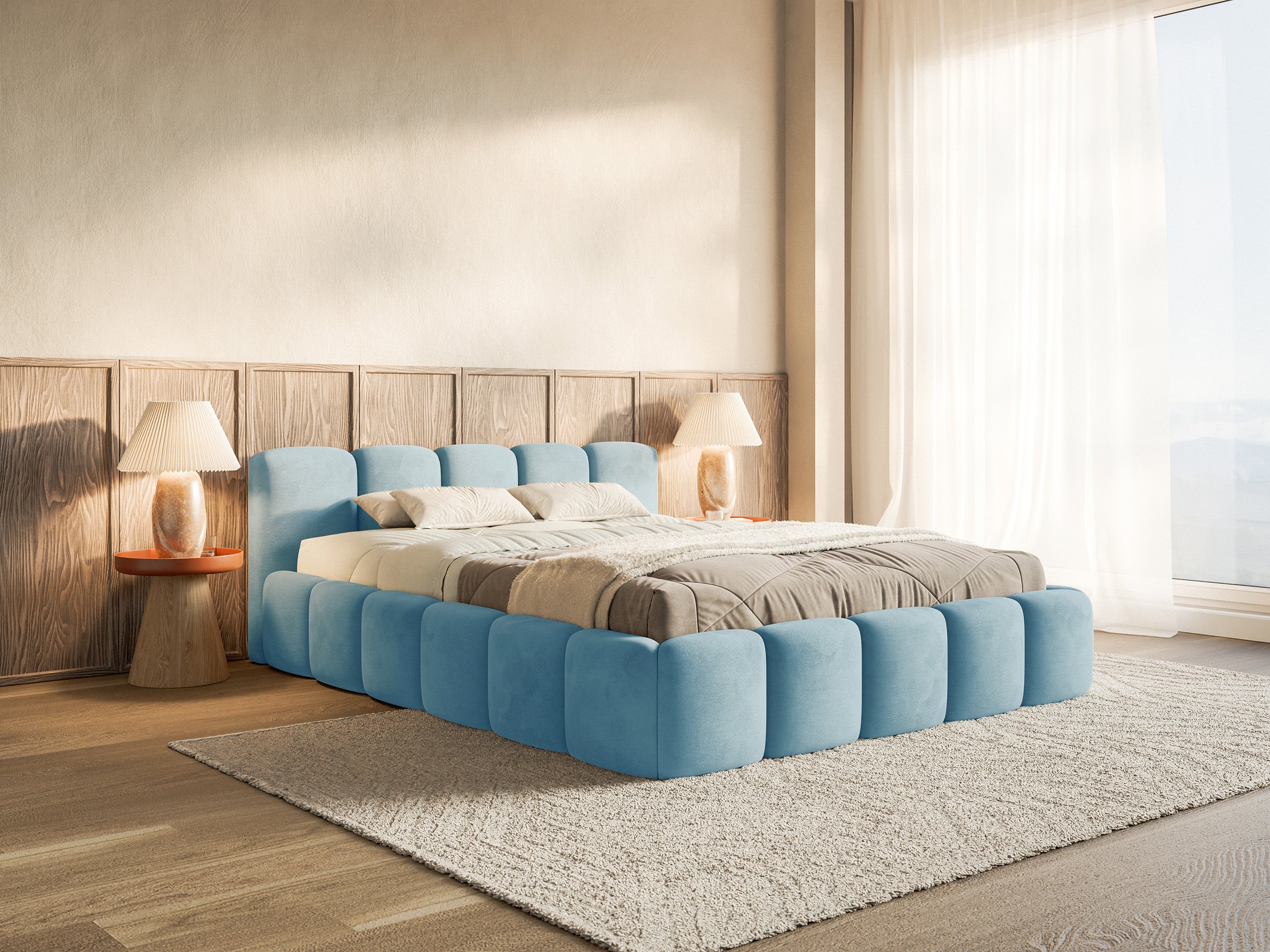 Gepolstertes Bett 120x200 cm Cloudy Low, hellblauer Velours, wasserabweisend und pflegeleicht