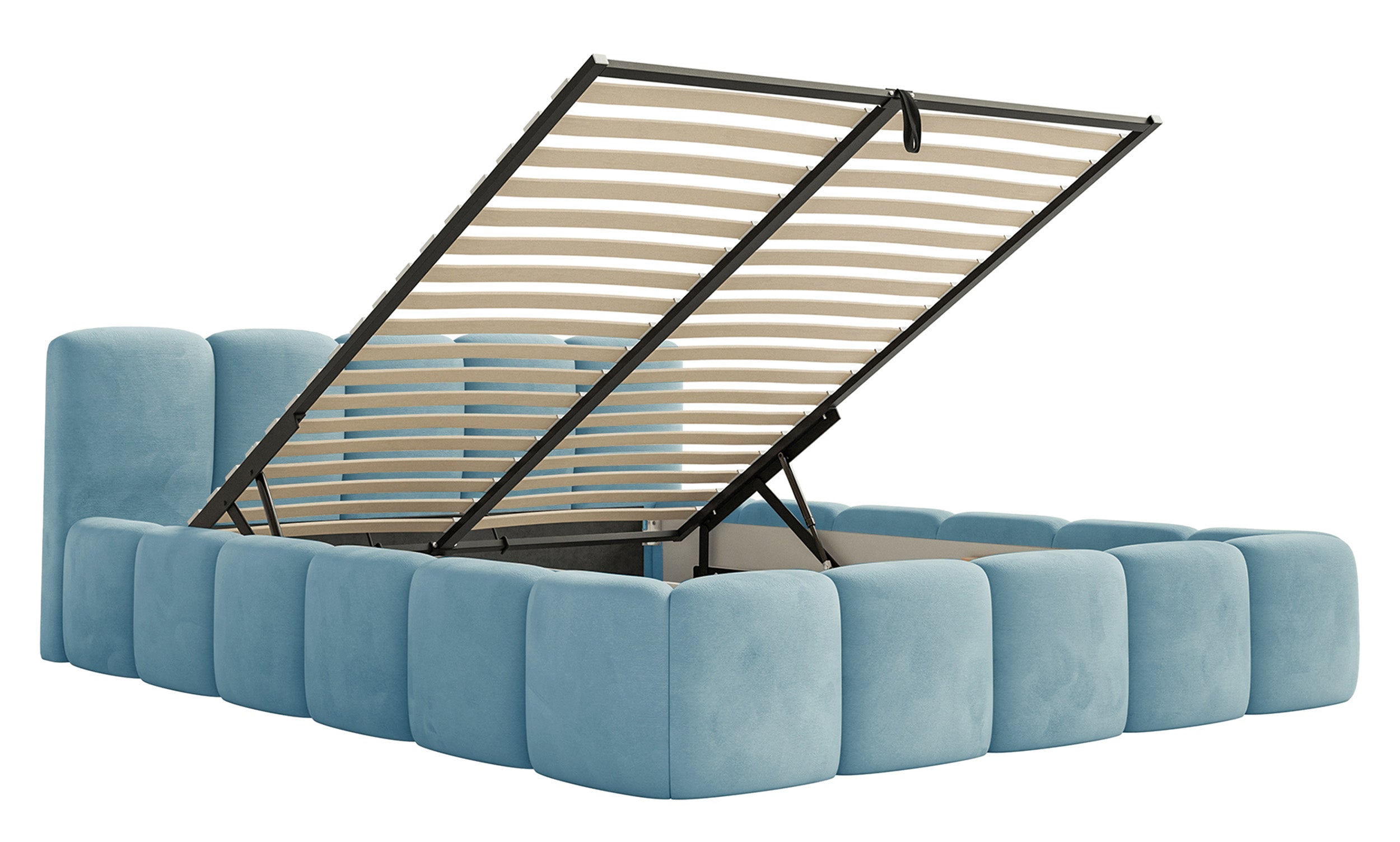 Gepolstertes Bett 120x200 cm Cloudy Low mit Stauraum, Metallrahmen, hellblauer Velours, wasserabweisend und pflegeleicht