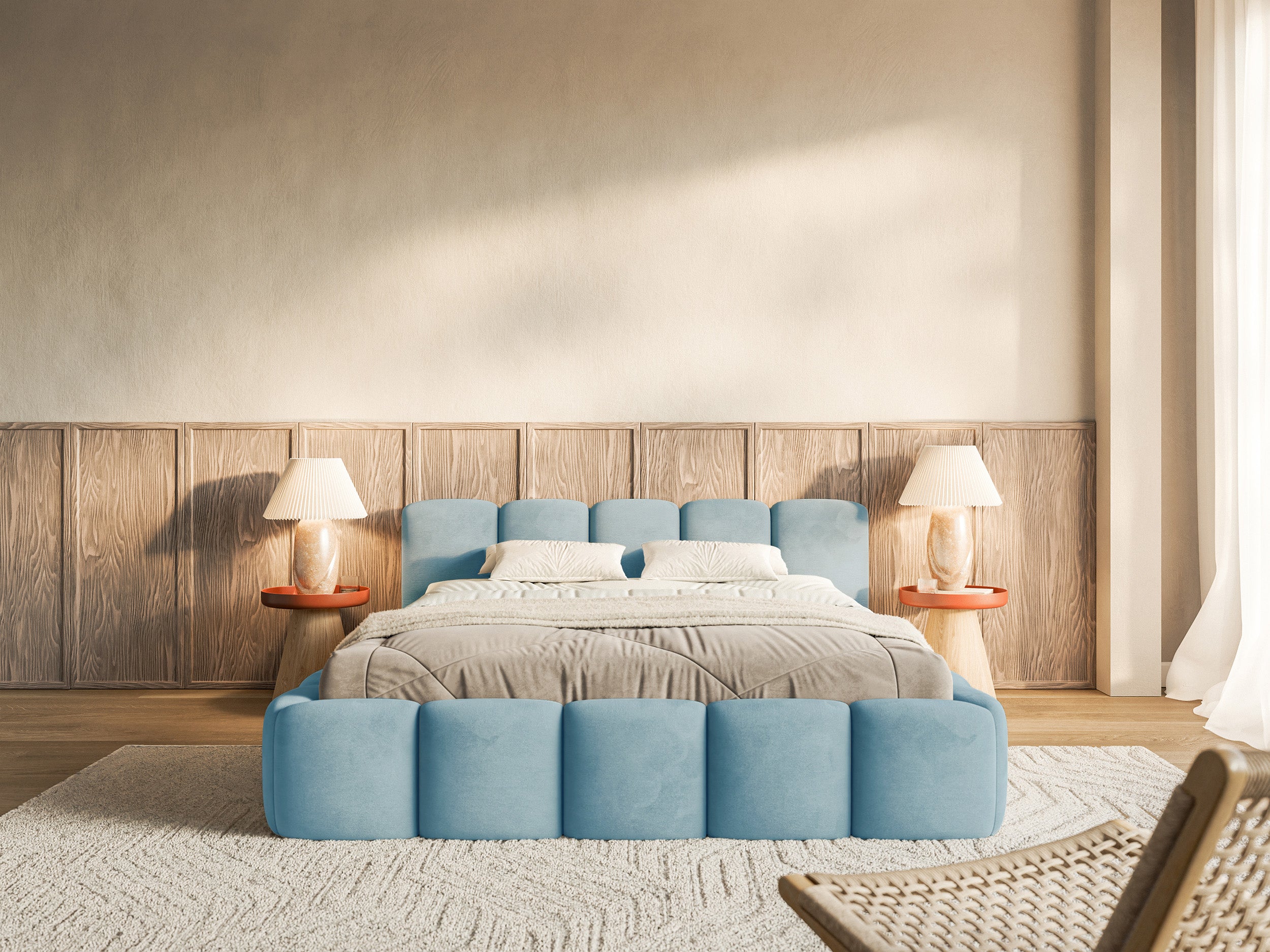 Gepolstertes Bett 120x200 cm Cloudy Low, hellblauer Velours, wasserabweisend und pflegeleicht