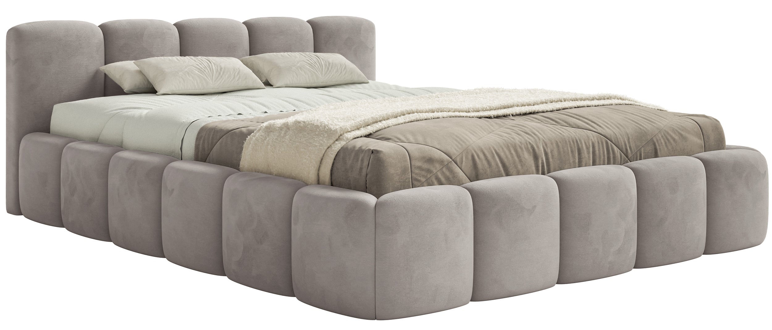 Gepolstertes Bett 120x200 cm Cloudy Low hellgrauer Velours, wasserabweisend und leicht zu reinigen