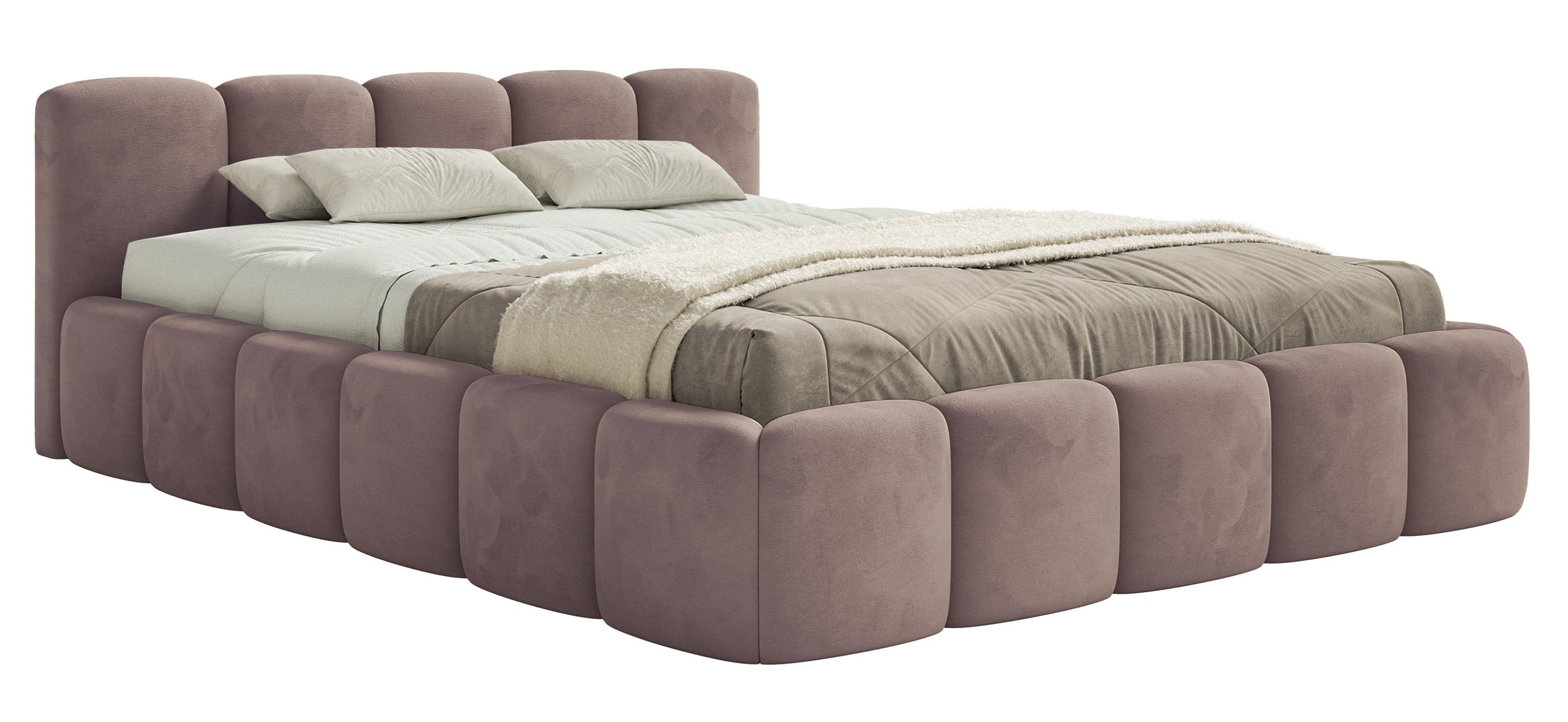 Gepolstertes Bett 120x200 cm Cloudy Low mit Stauraum, Metallrahmen, hellrosa Velours, wasserabweisend und pflegeleicht